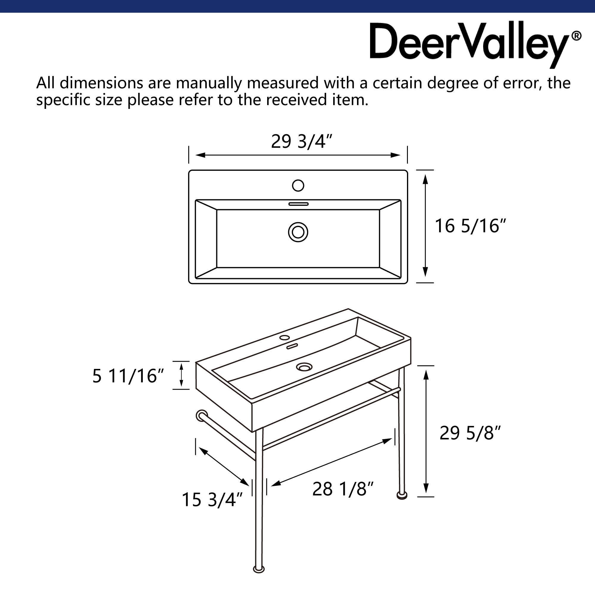 30" Rectangular Console Bathroom Sink, Single Faucet Hole