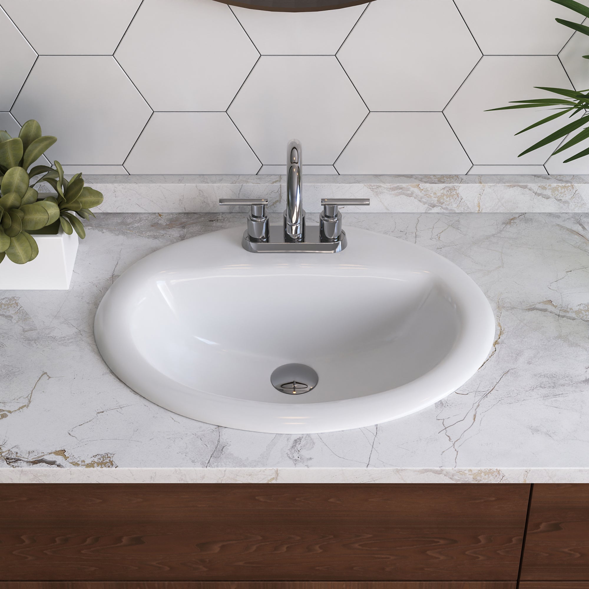 16.94" Round Drop-in Bathroom Sink, Overflow Hole