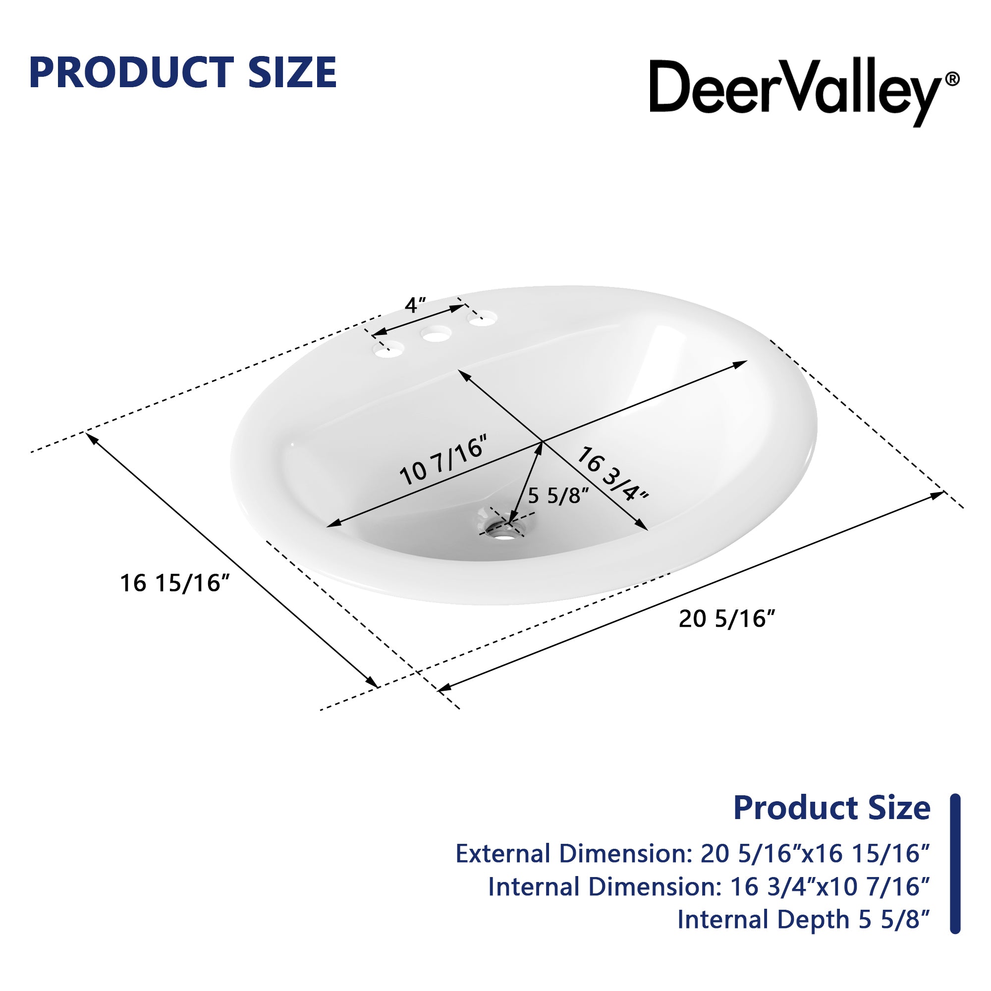 16.94" Round Drop-in Bathroom Sink, Overflow Hole
