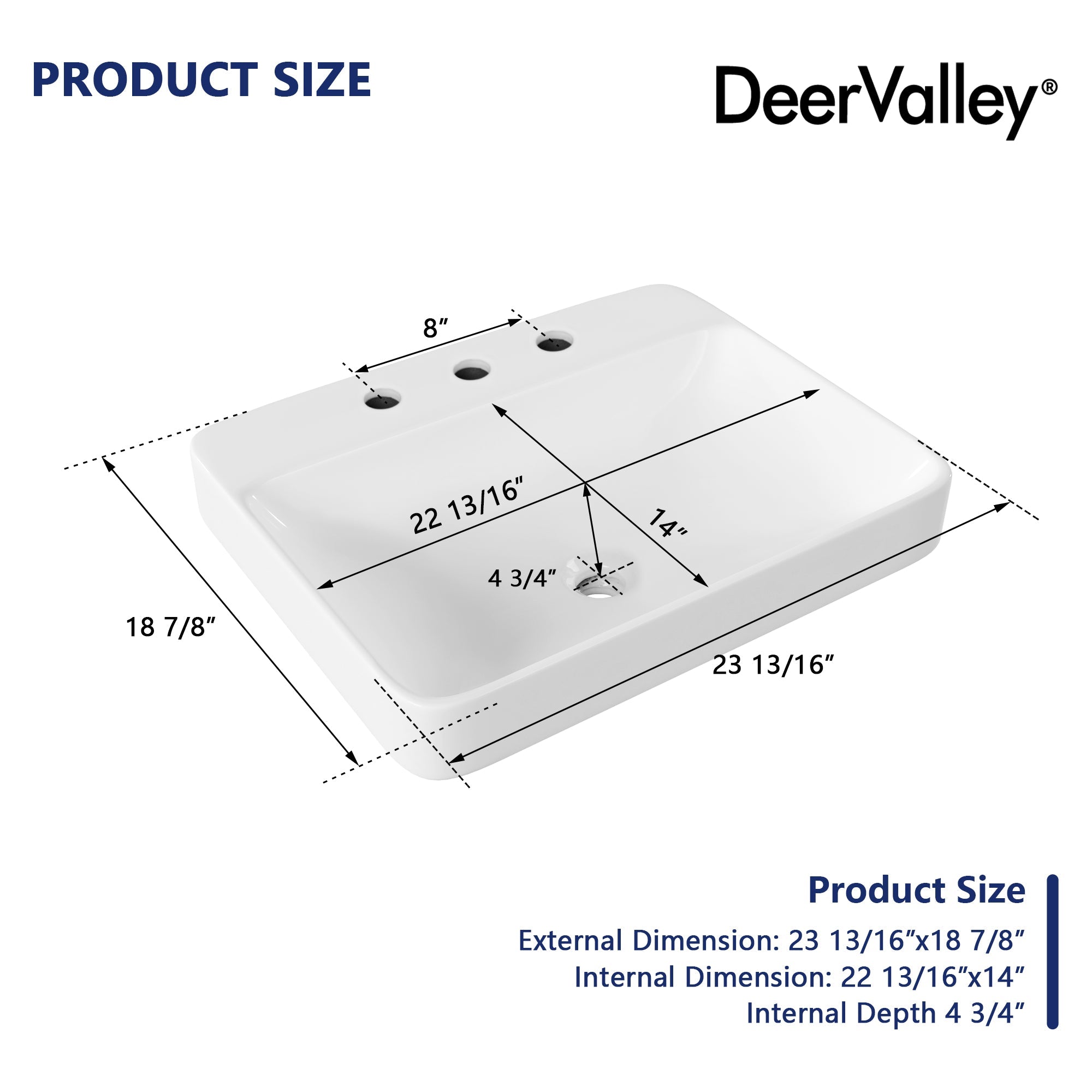 18.9" Rectangular Drop-in Bathroom Sink, Overflow Hole