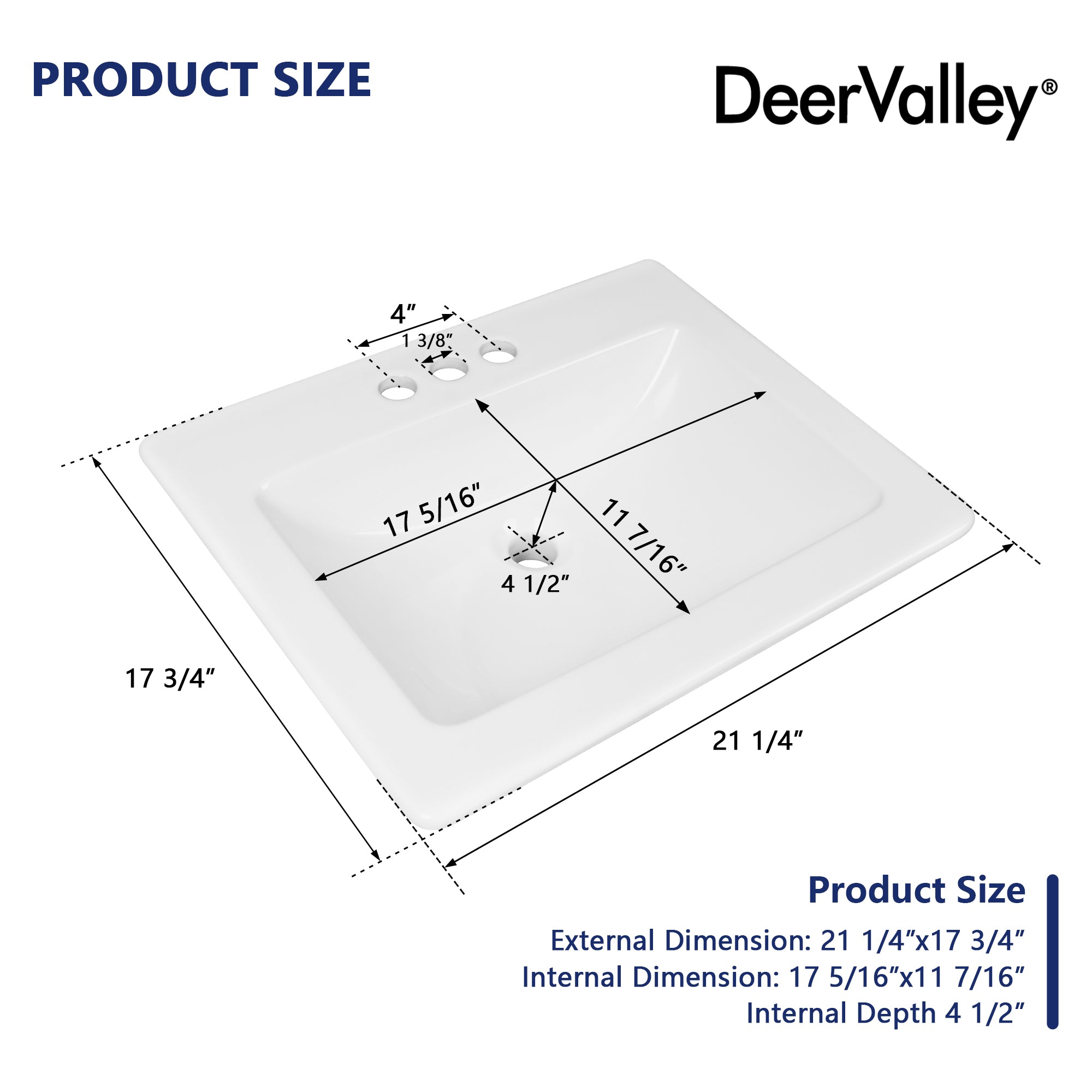 17.72" Rectangular Drop-in Bathroom Sink, Overflow Hole