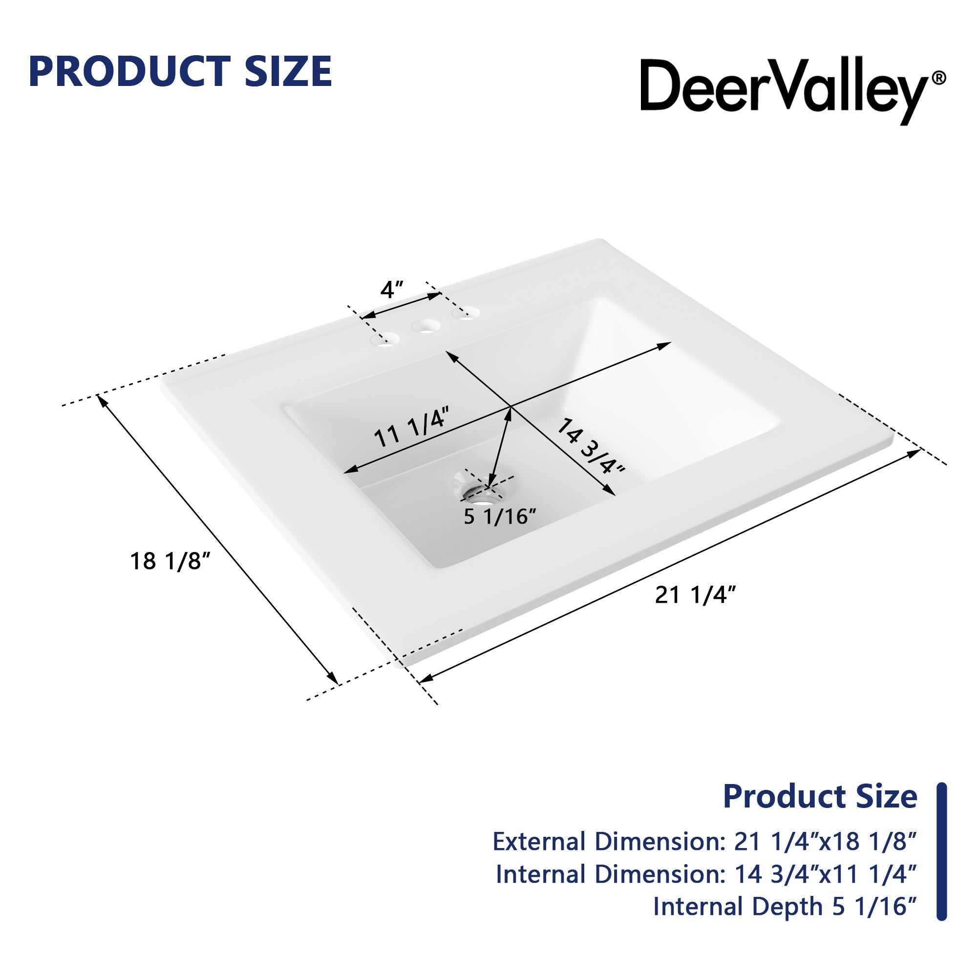 18.12" Rectangular Drop-in Bathroom Sink, Overflow Hole