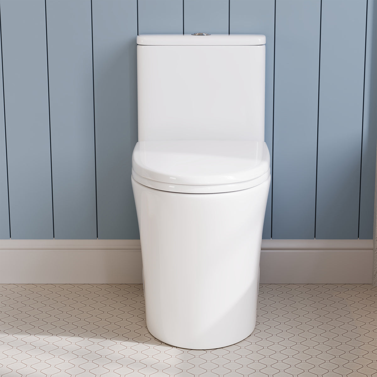DeerValley DV-1F0369 Compact One-Piece Toilet for Small Bathrooms, Rimless Bowl Modern Elongated Toilet with Powerful Dual Flush, Soft-Close Seat, 12" Rough-In, High-Efficiency, Space-Saving & Quiet White Design, DV-1F0369