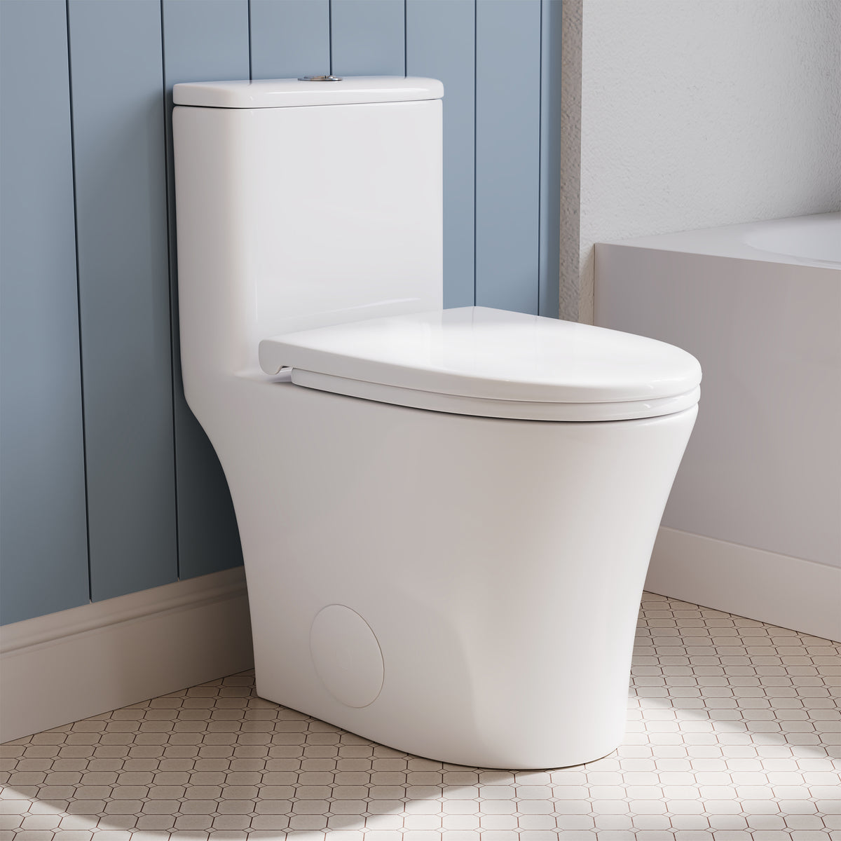 DeerValley DV-1F0369 Compact One-Piece Toilet for Small Bathrooms, Rimless Bowl Modern Elongated Toilet with Powerful Dual Flush, Soft-Close Seat, 12" Rough-In, High-Efficiency, Space-Saving & Quiet White Design, DV-1F0369