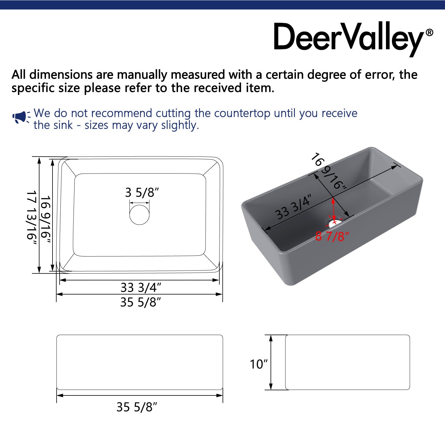GROVE 36" L x 18" W Rectangular Farmhouse Kitchen Sink, Seamless With Multiple Colors and Sizes