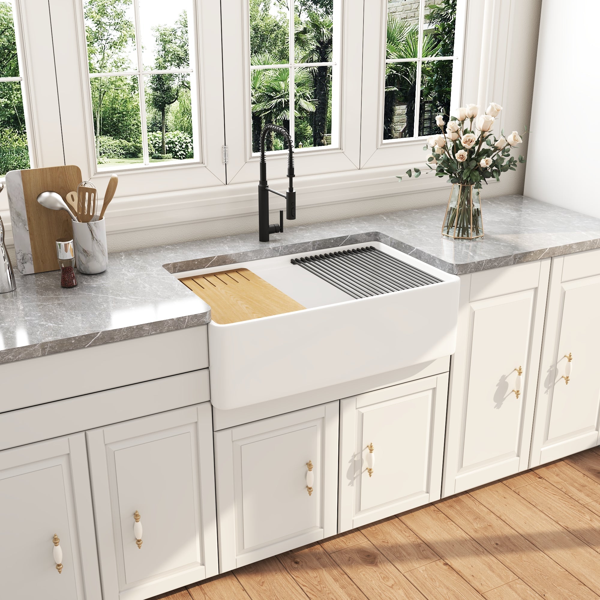 33"L X 20"W / 24"L X 20"W Rectangular Workstation Farmhouse Kitchen Sink, Smooth Surface