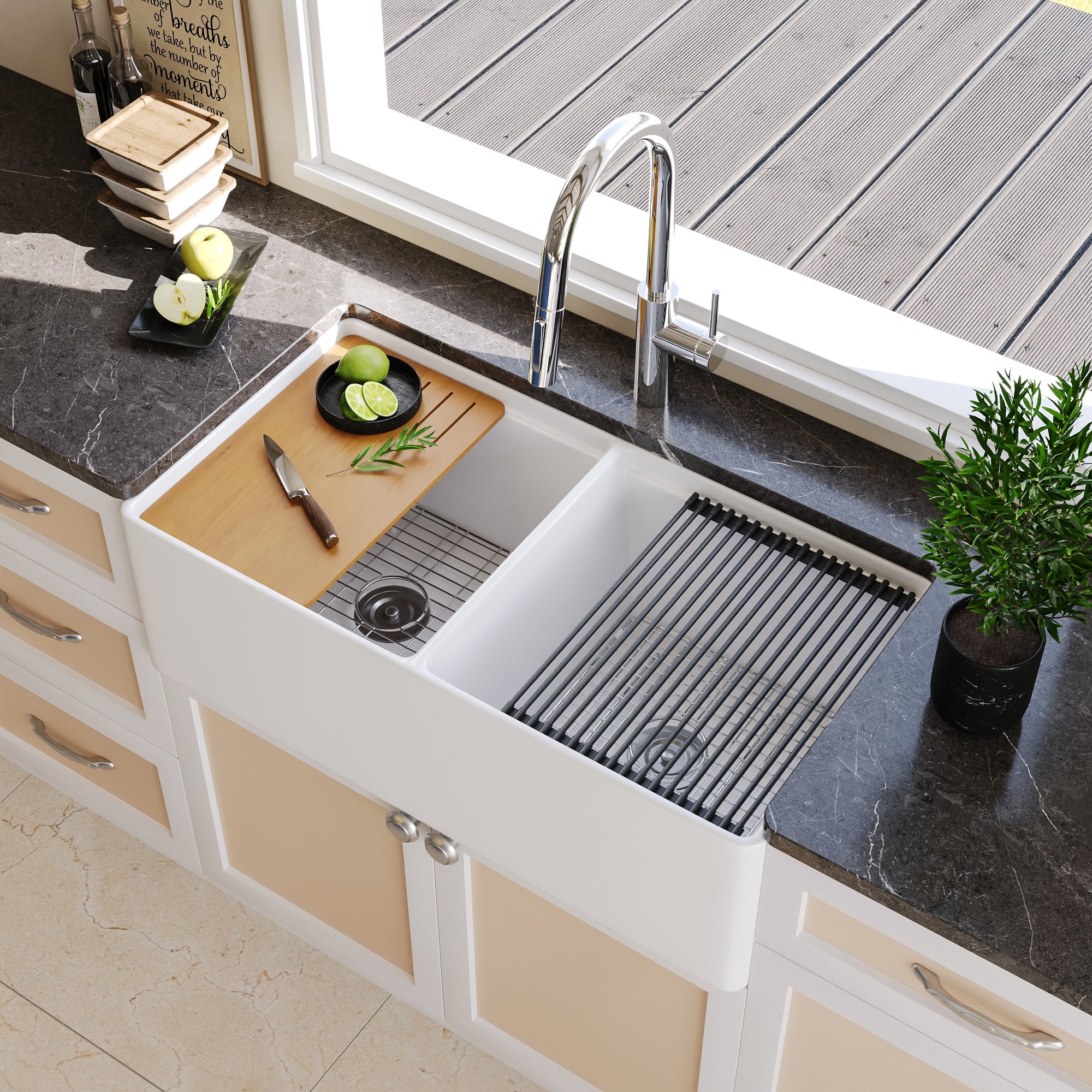 33" L X 20" W Rectangular Workstation Farmhouse Kitchen Sink, Shatter-Resistant