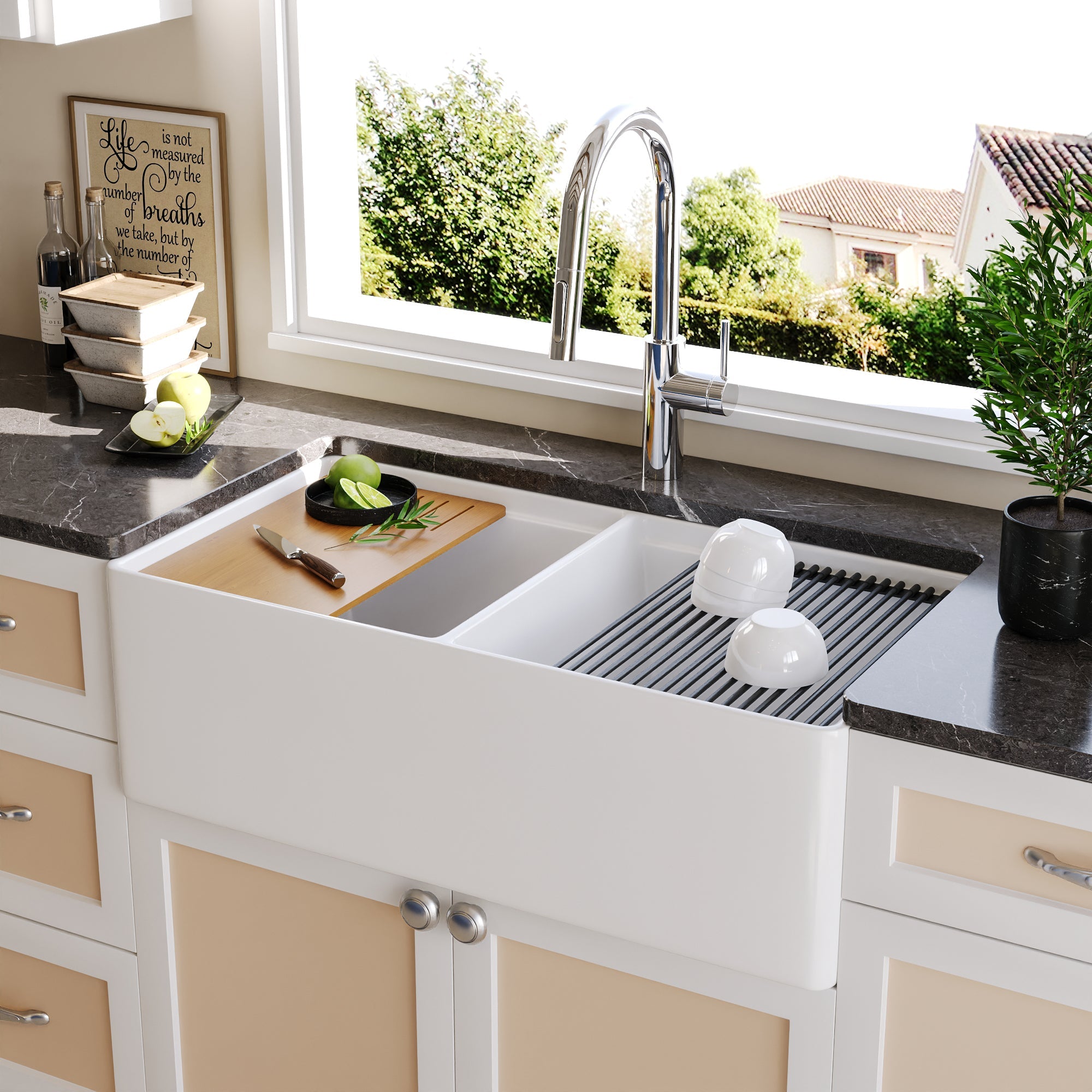 33" L X 20" W Rectangular Workstation Farmhouse Kitchen Sink, Shatter-Resistant