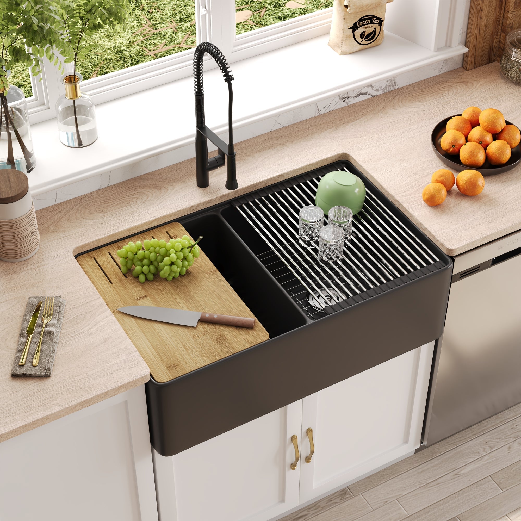 33" L X 20" W Rectangular Workstation Farmhouse Kitchen Sink, Shatter-Resistant