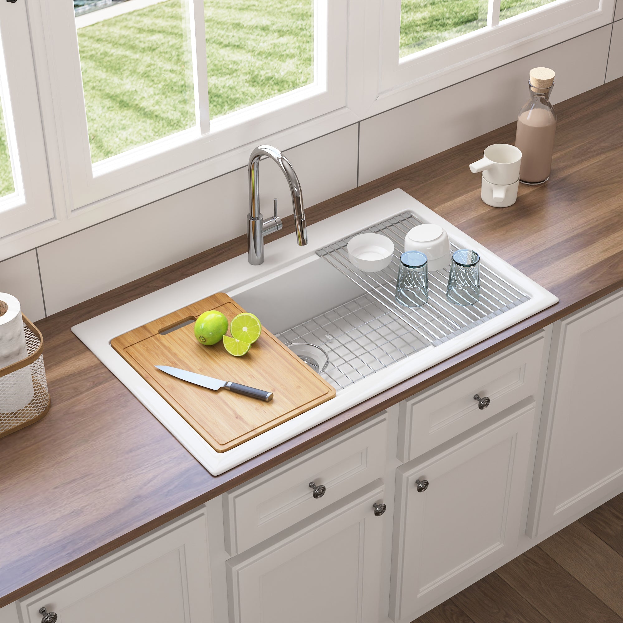 32.68"L X 21.85" W Rectangular Workstation Farmhouse Kitchen Sink, Smooth Surface