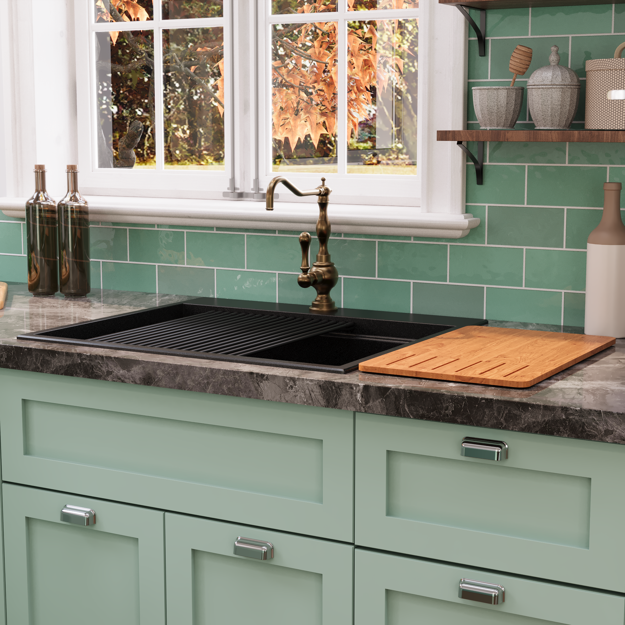 PERCH 22" D Rectangular Drop-in Kitchen Sink, Granite Composite With Multiple Styles