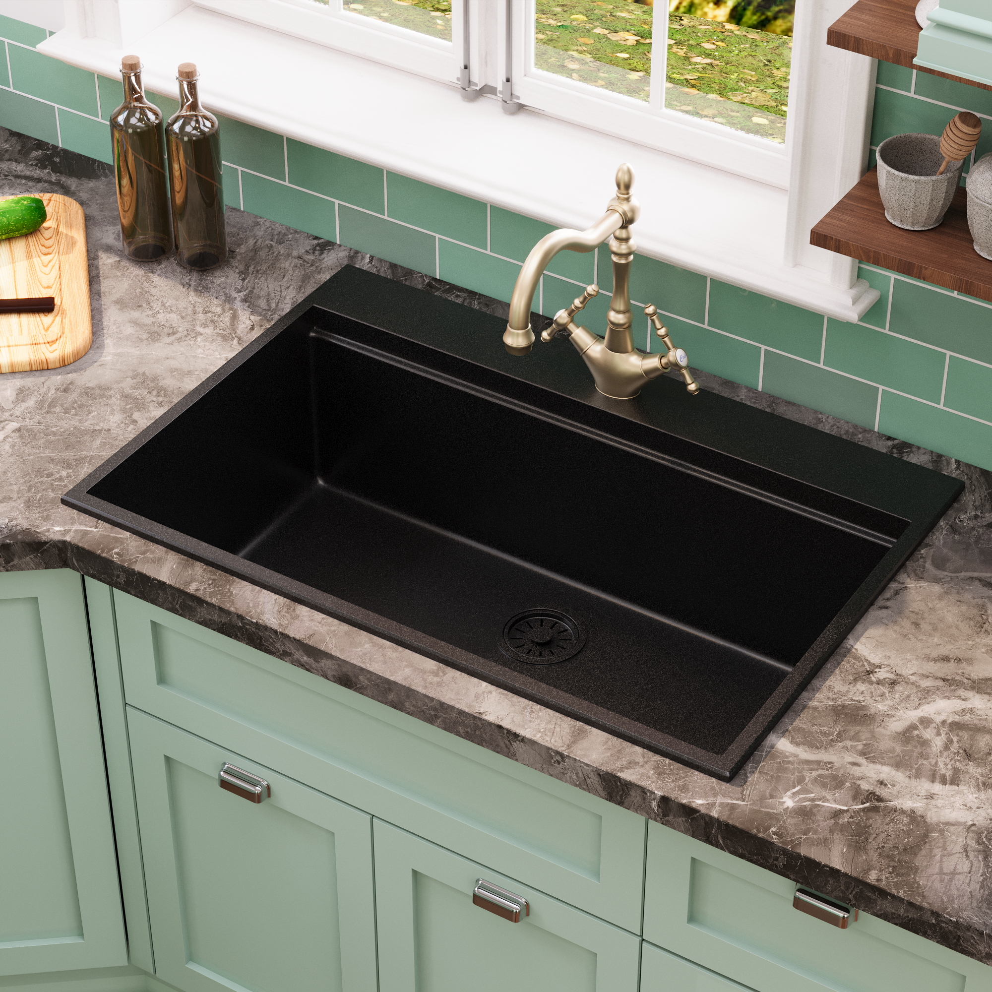 PERCH 22" D Rectangular Drop-in Kitchen Sink, Granite Composite With Multiple Styles