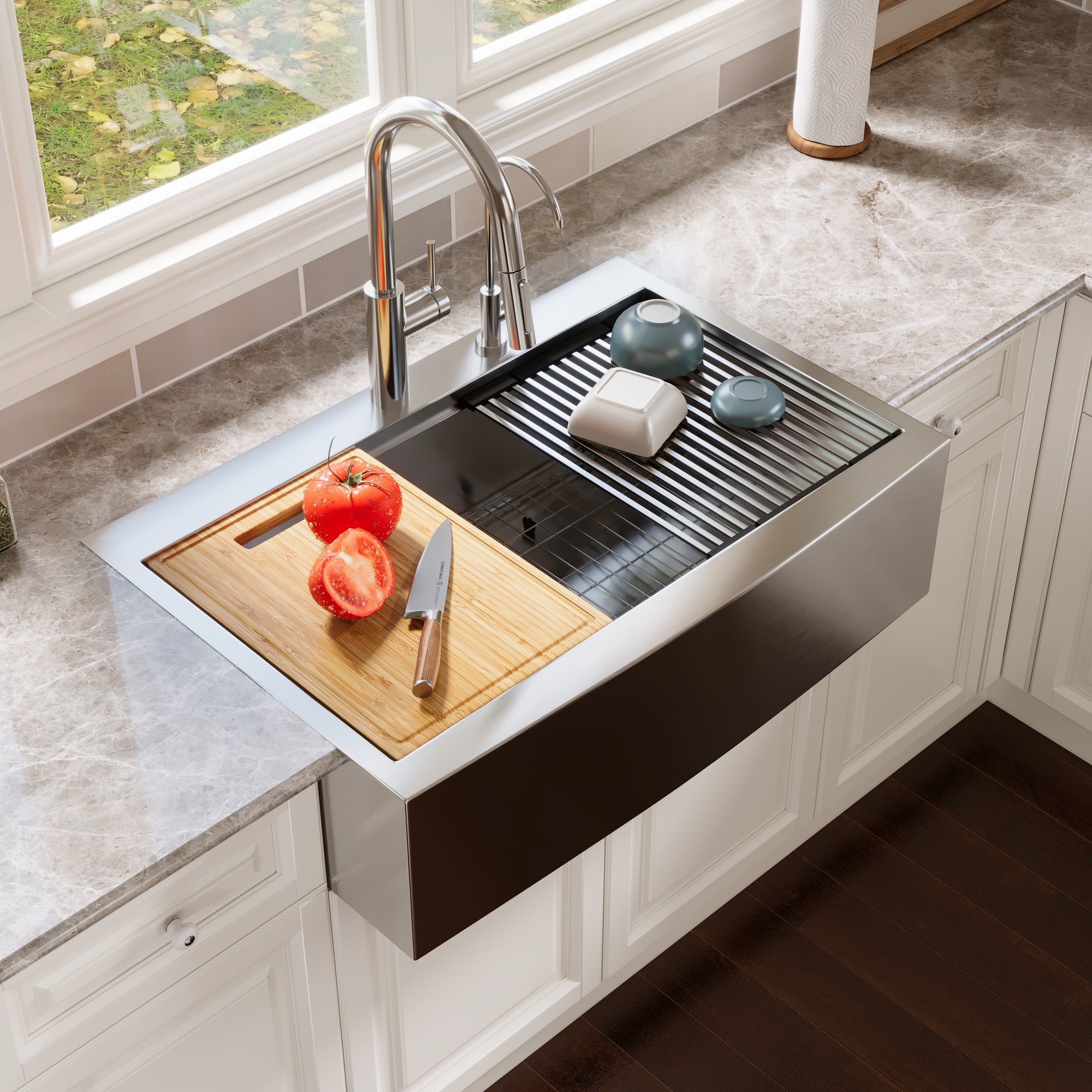 30" Rectangular Workstation Farmhouse Kitchen Sink, Stainless Steel Single Bowl With Multiple Sizes