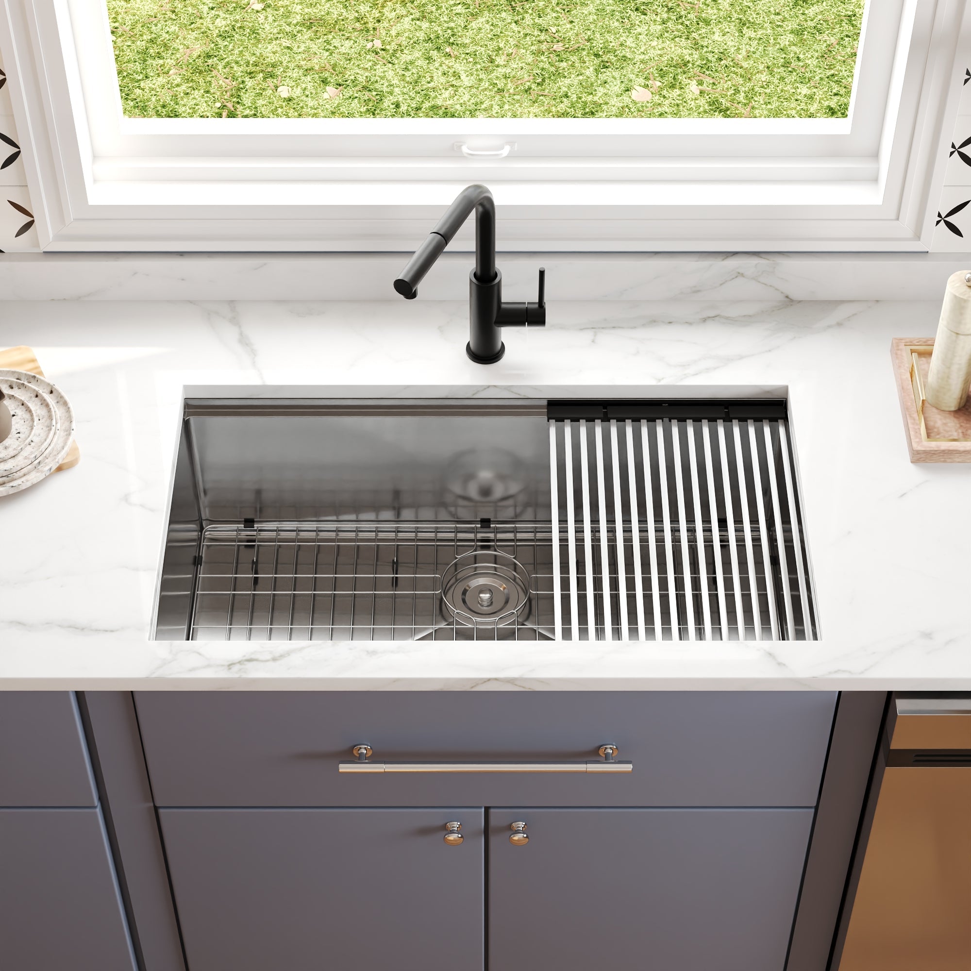 33" Rectangular Workstation Undermount Kitchen Sink, Stainless Steel Single Bowl