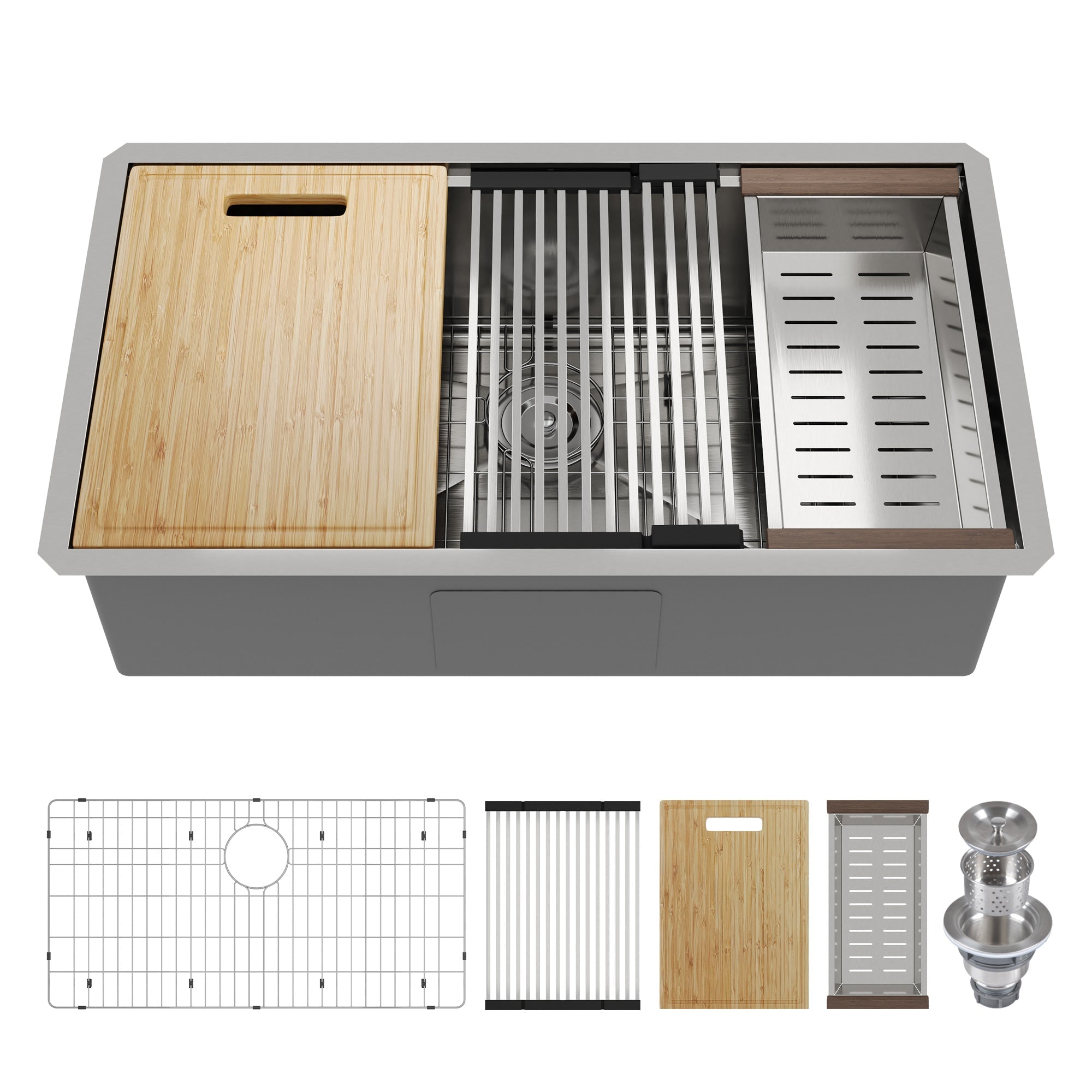 33" Rectangular Workstation Undermount Kitchen Sink, Stainless Steel Single Bowl