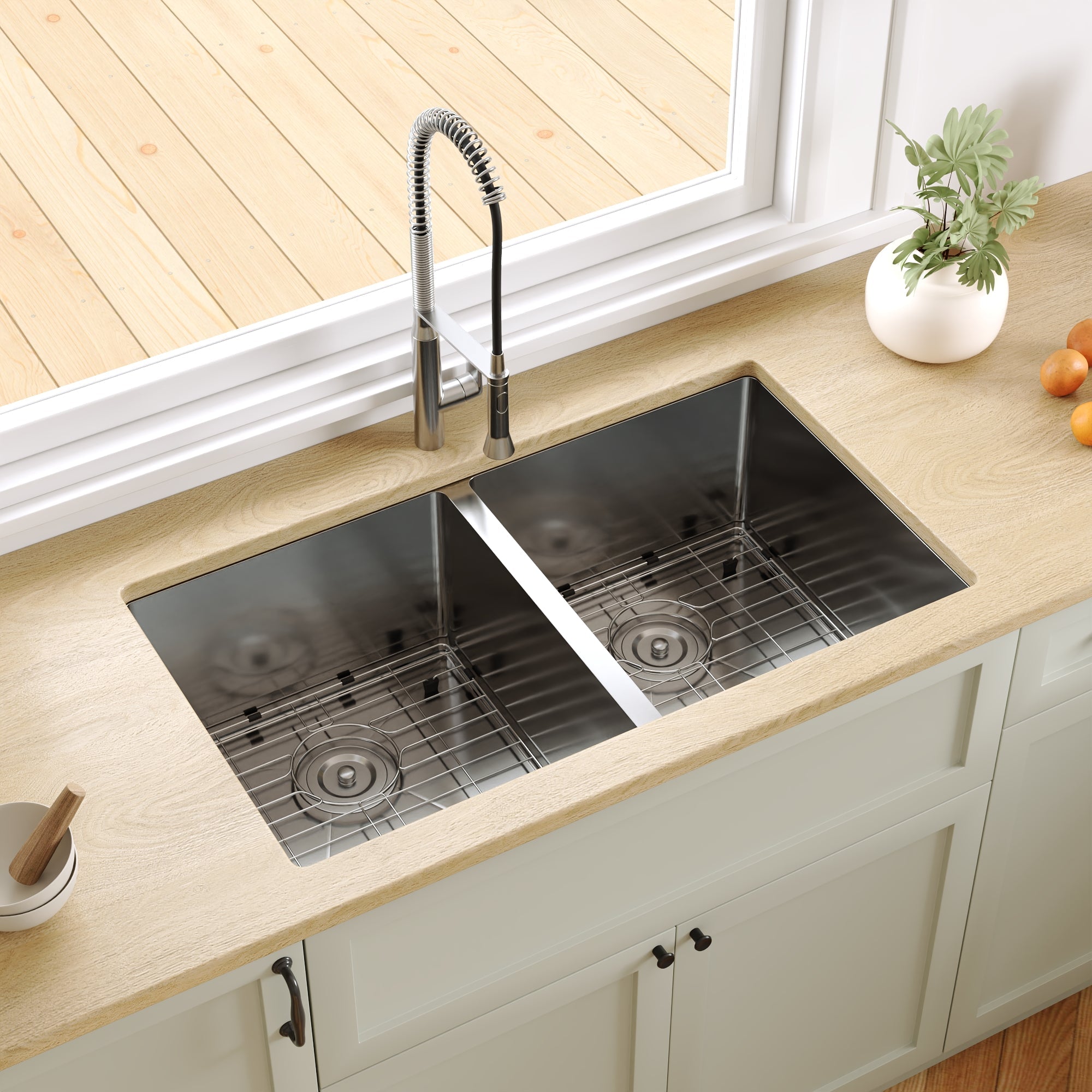 33" Rectangular Undermount Kitchen Sink, Stainless Steel Double Bowl