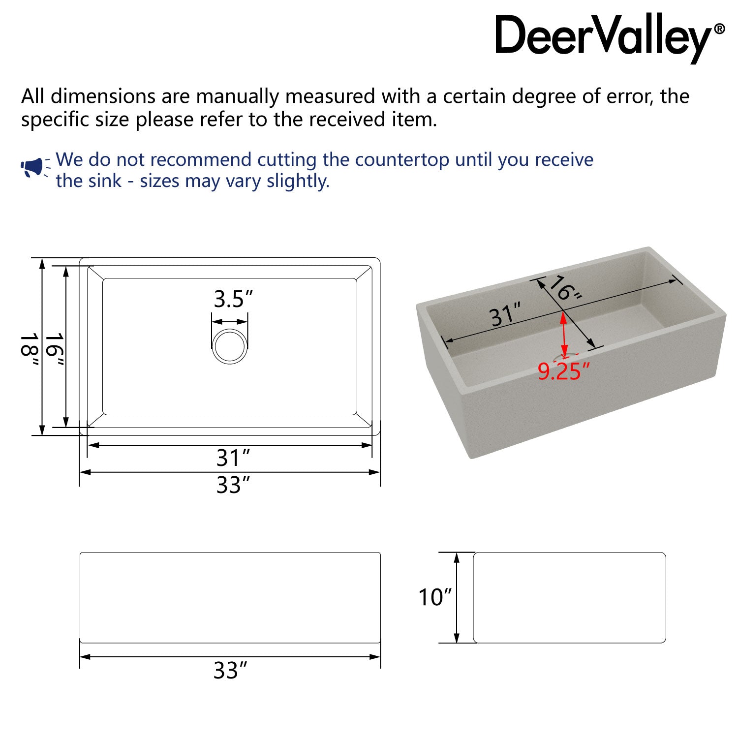 33" L x 18" W Rectangular Farmhouse Kitchen Sink, Natural Material With Multiple Colors