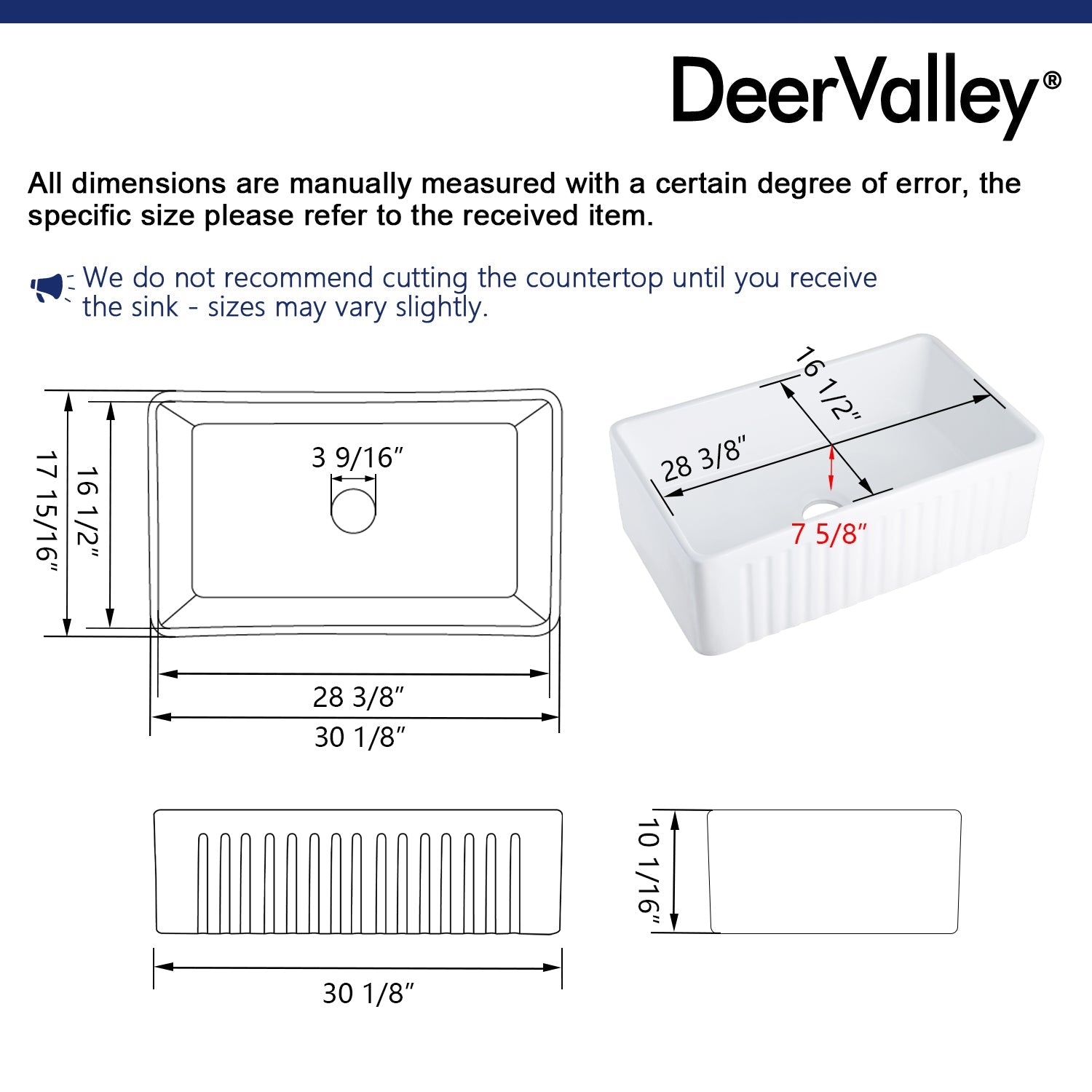 HARVEST 30" L x 18" W Rectangular Farmhouse Kitchen Sink, Apron Front