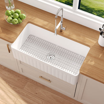 DeerValley Solstice Fireclay Farmhouse Sink, 35.5"L x 18"W Farmhouse Kitchen Sink White Large Single Bowl Farm Sink Reversible Apron Front with Sink Grid and Basket Strainer, DV-1K0377