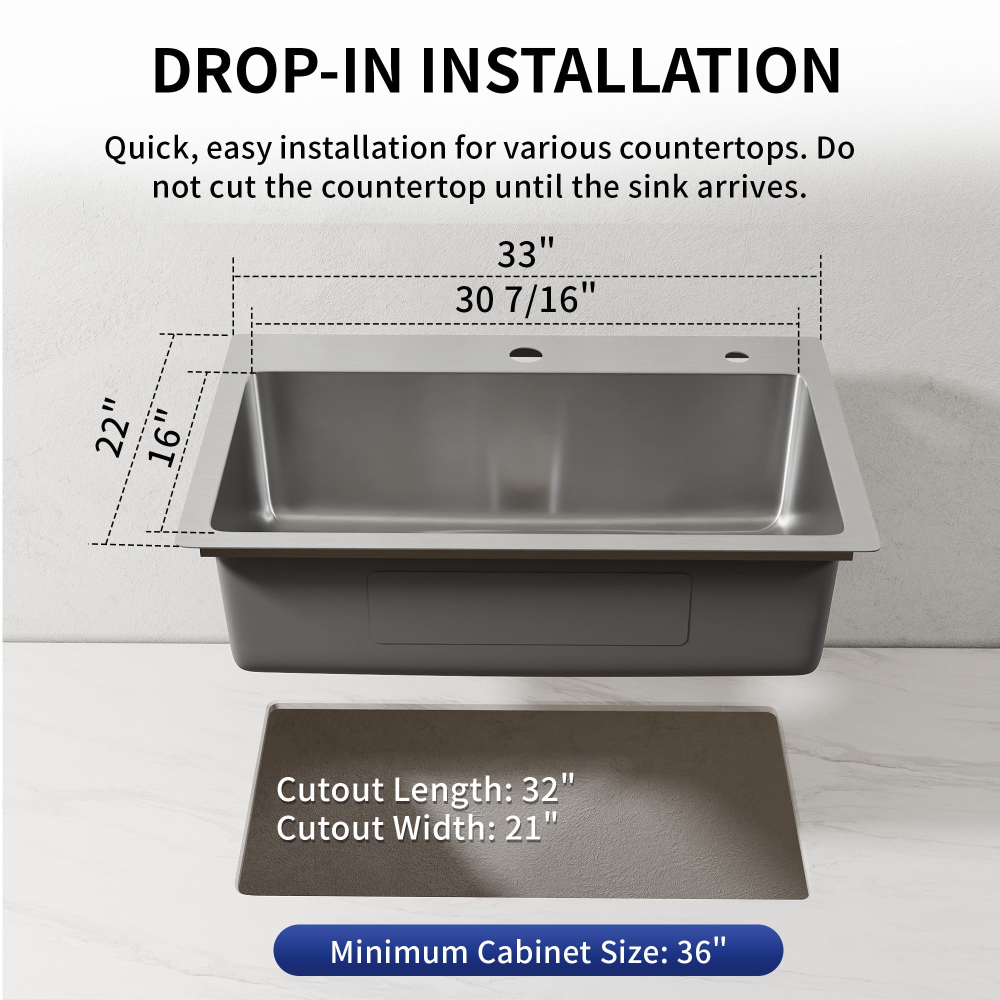 DeerValley DV-1K0468 Drop-In Sink 33 Inch Single Bowl Stainless Steel with Grid and Fast Drain