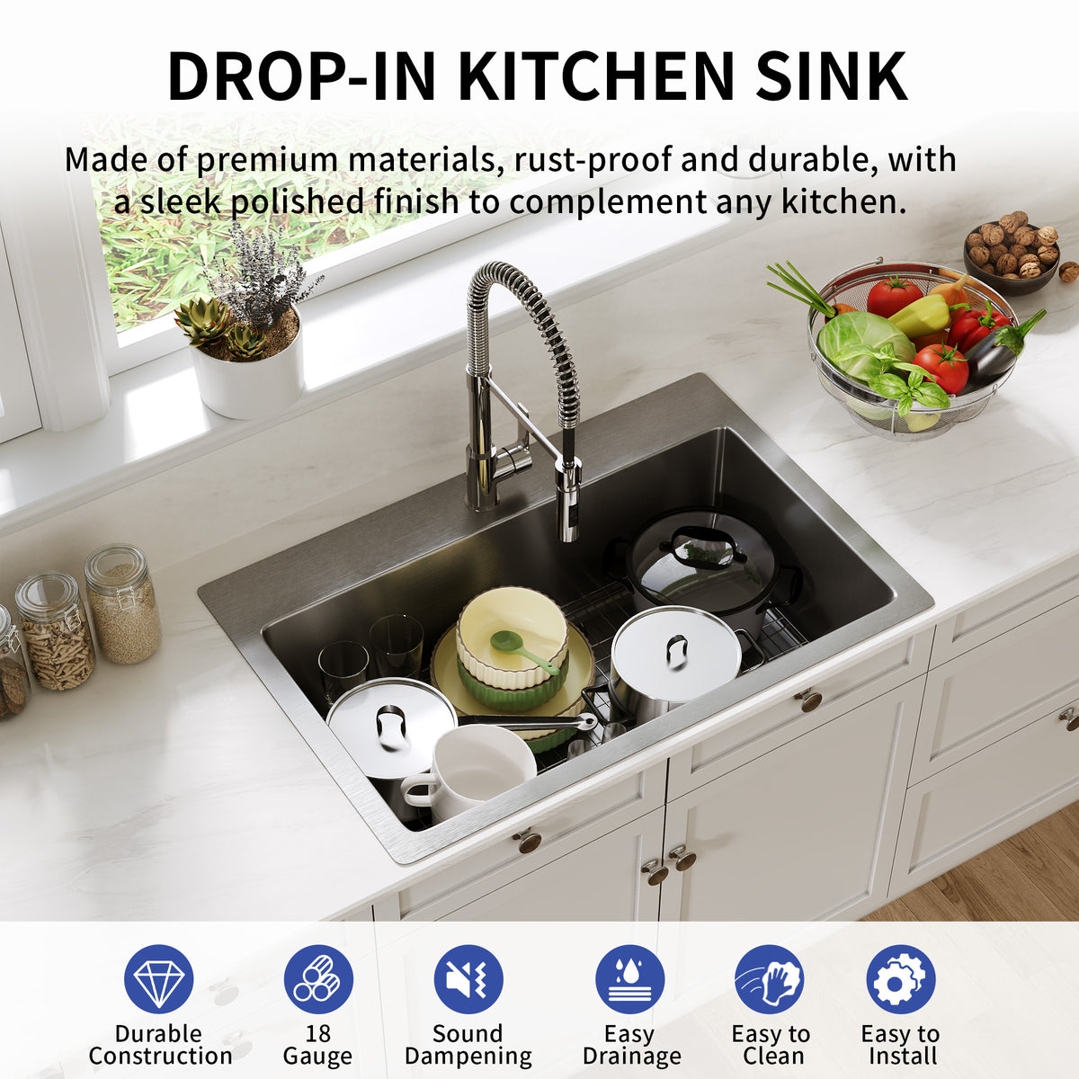 DeerValley DV-1K0468 Drop-In Sink 33 Inch Single Bowl Stainless Steel with Grid and Fast Drain