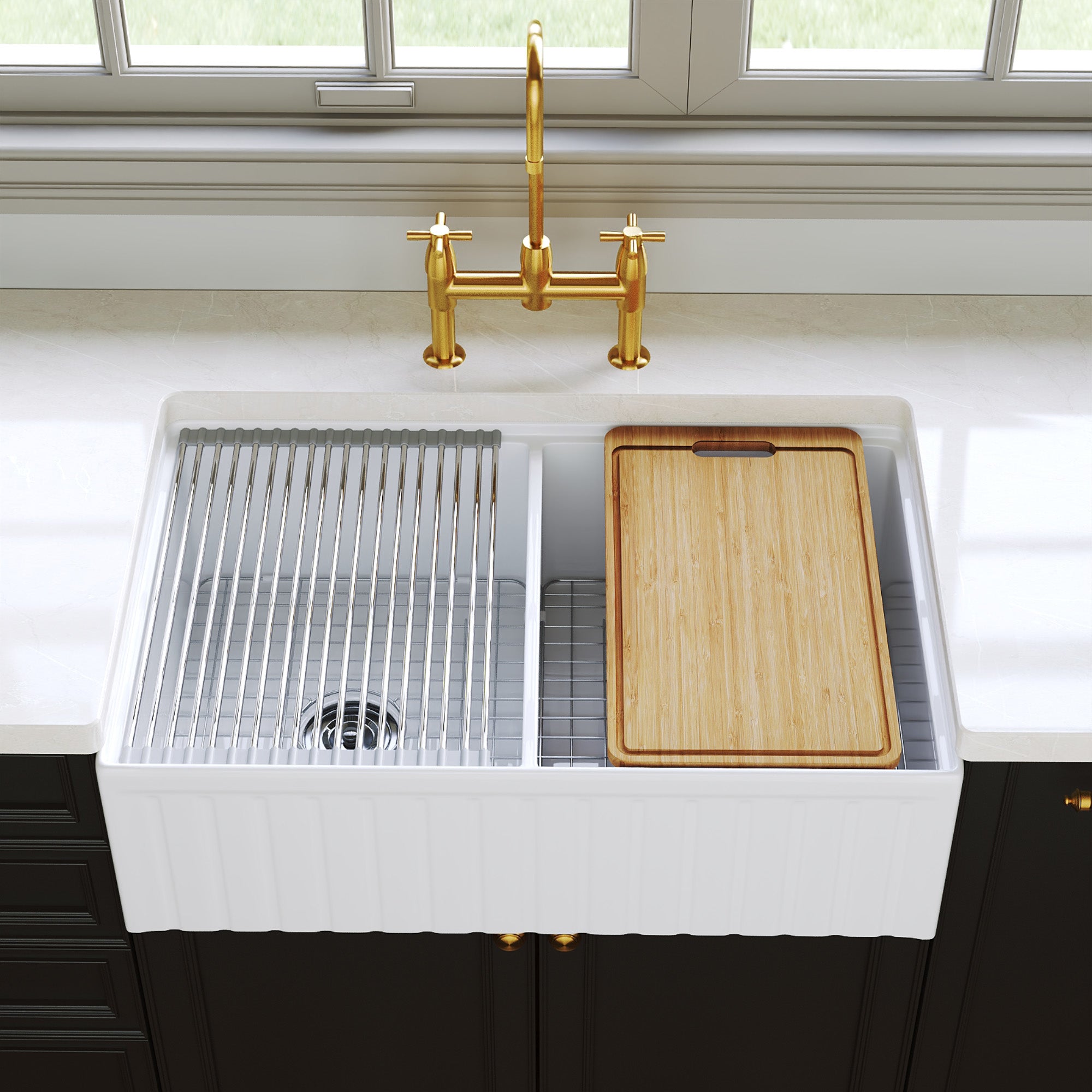 DeerValley DV-1K0486 33 in. Farmhouse 50/50 Double Bowl White Fireclay Workstation Kitchen Sink with Accessories