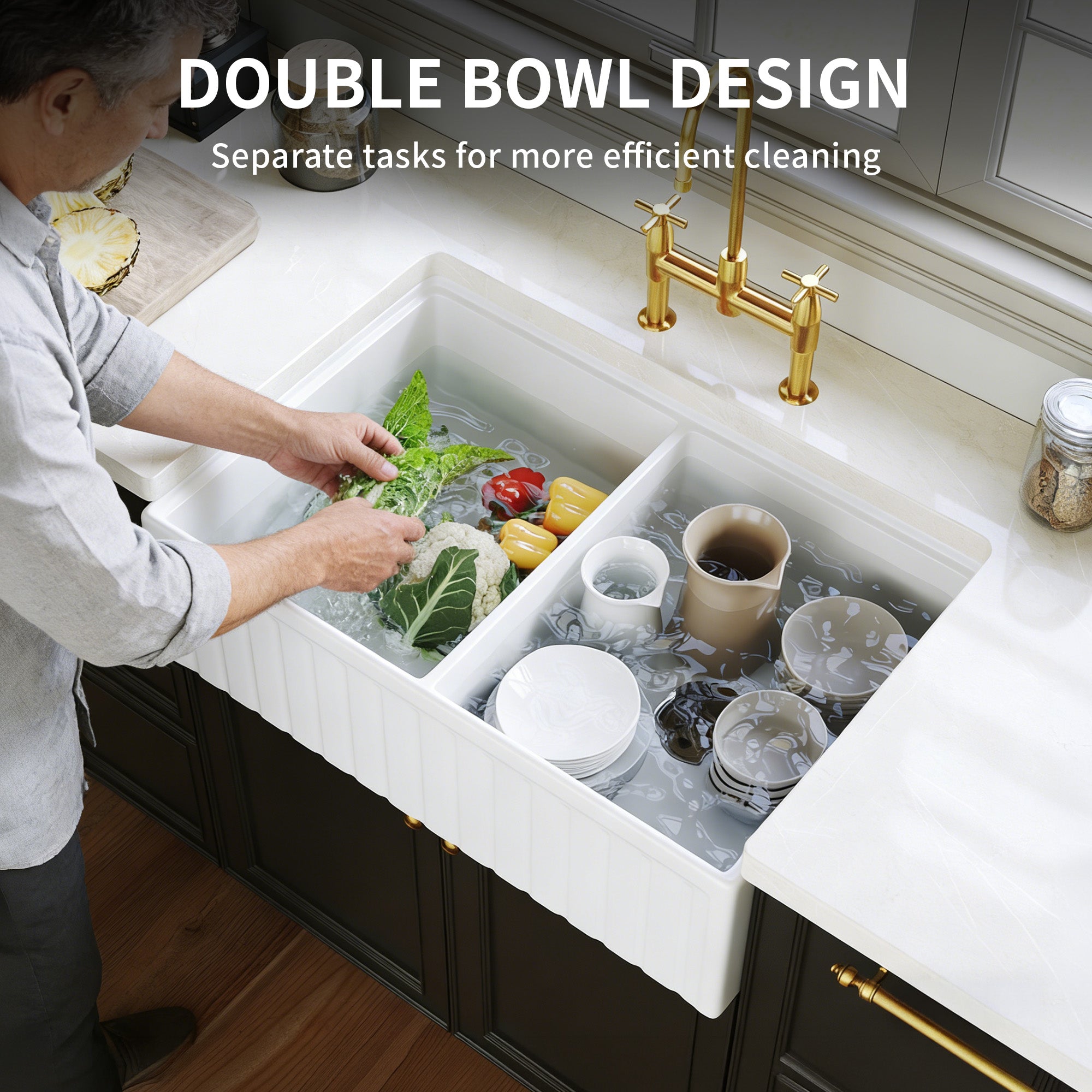 DeerValley DV-1K0486 33 in. Farmhouse 50/50 Double Bowl White Fireclay Workstation Kitchen Sink with Accessories