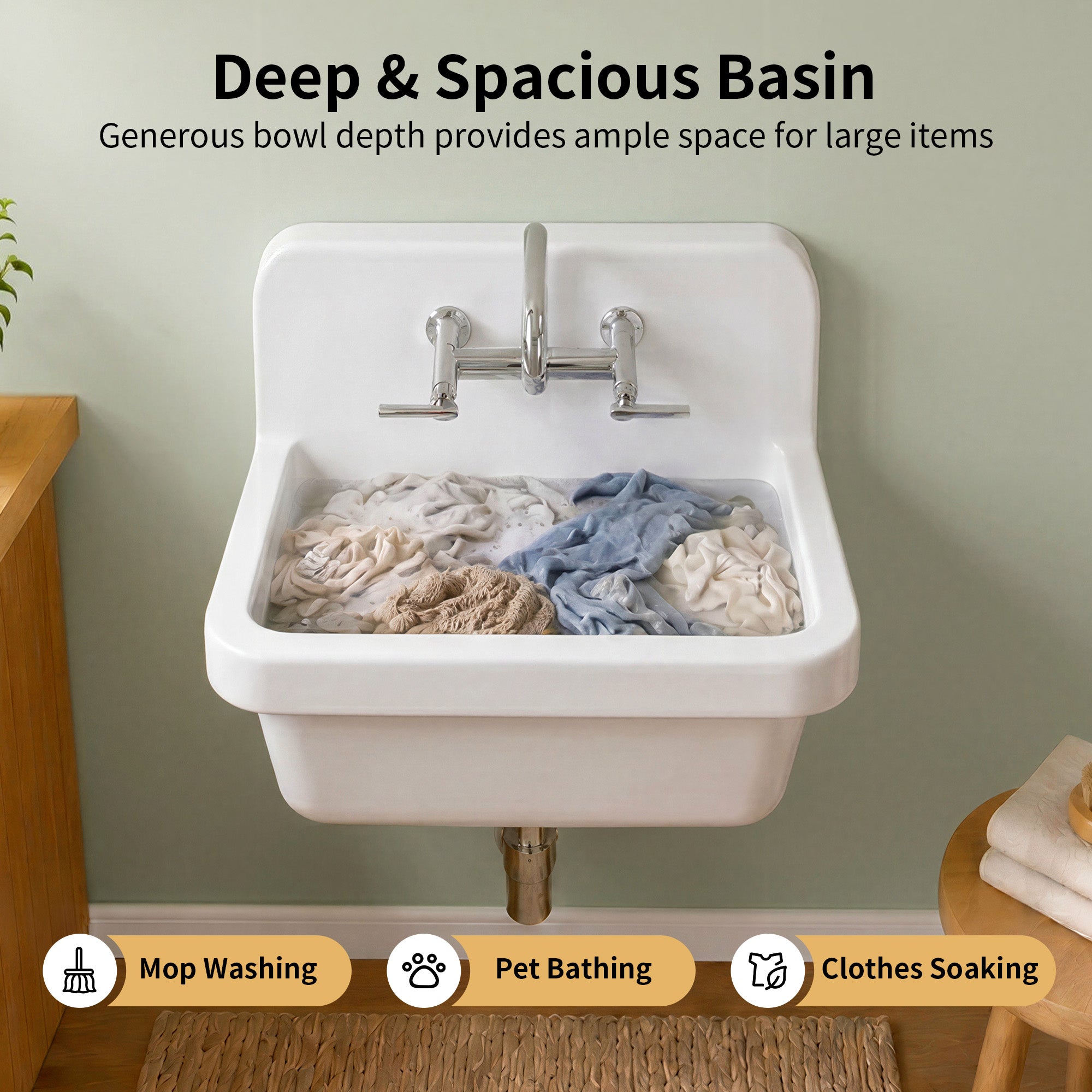 DeerValley DV-1K0487 Fireclay Utility Sink, Deep Basin & Wall-Mount Kit