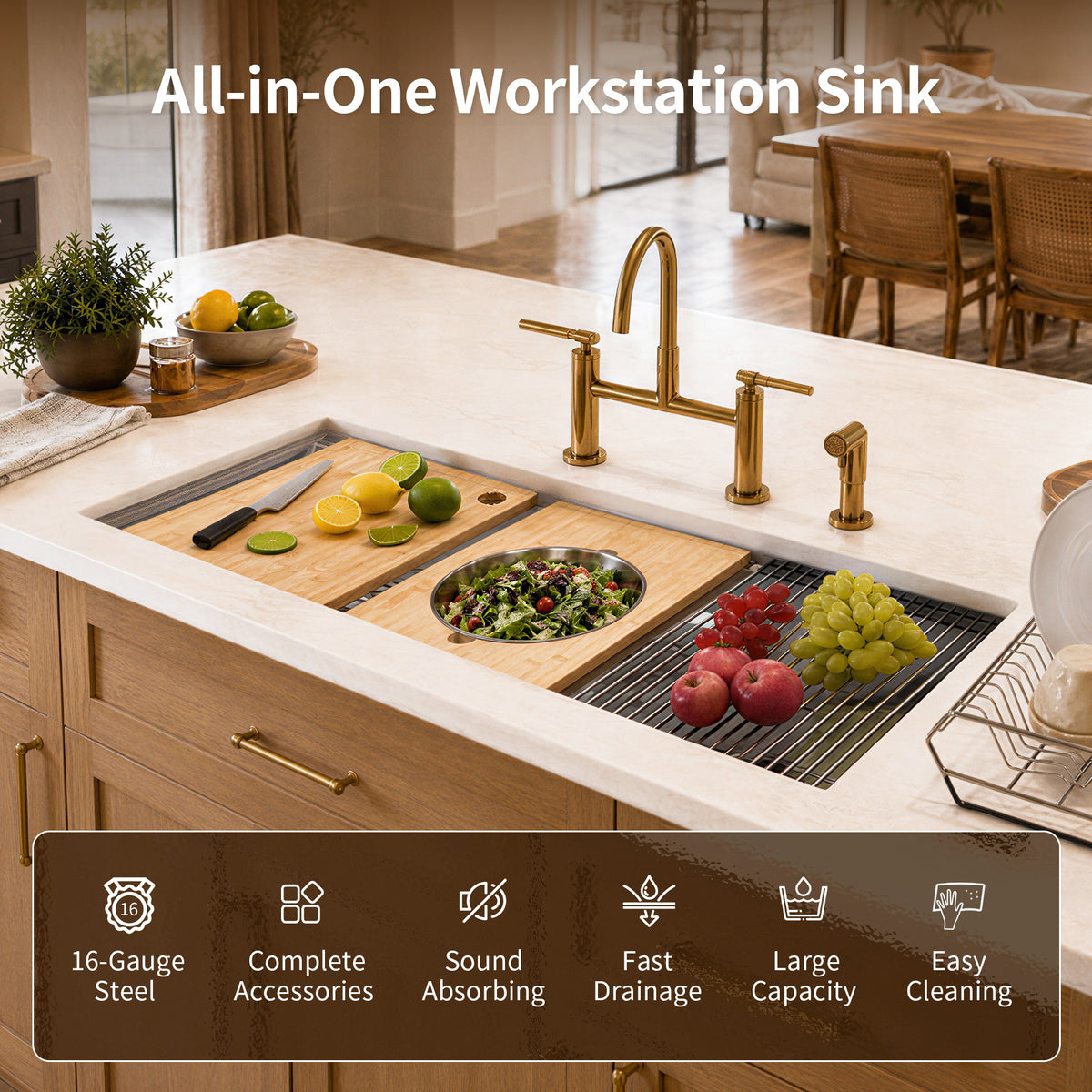 DeerValley DV-1K0555/553 Stainless Steel Workstation Sink, Quiet Pad & Anti-Condensation