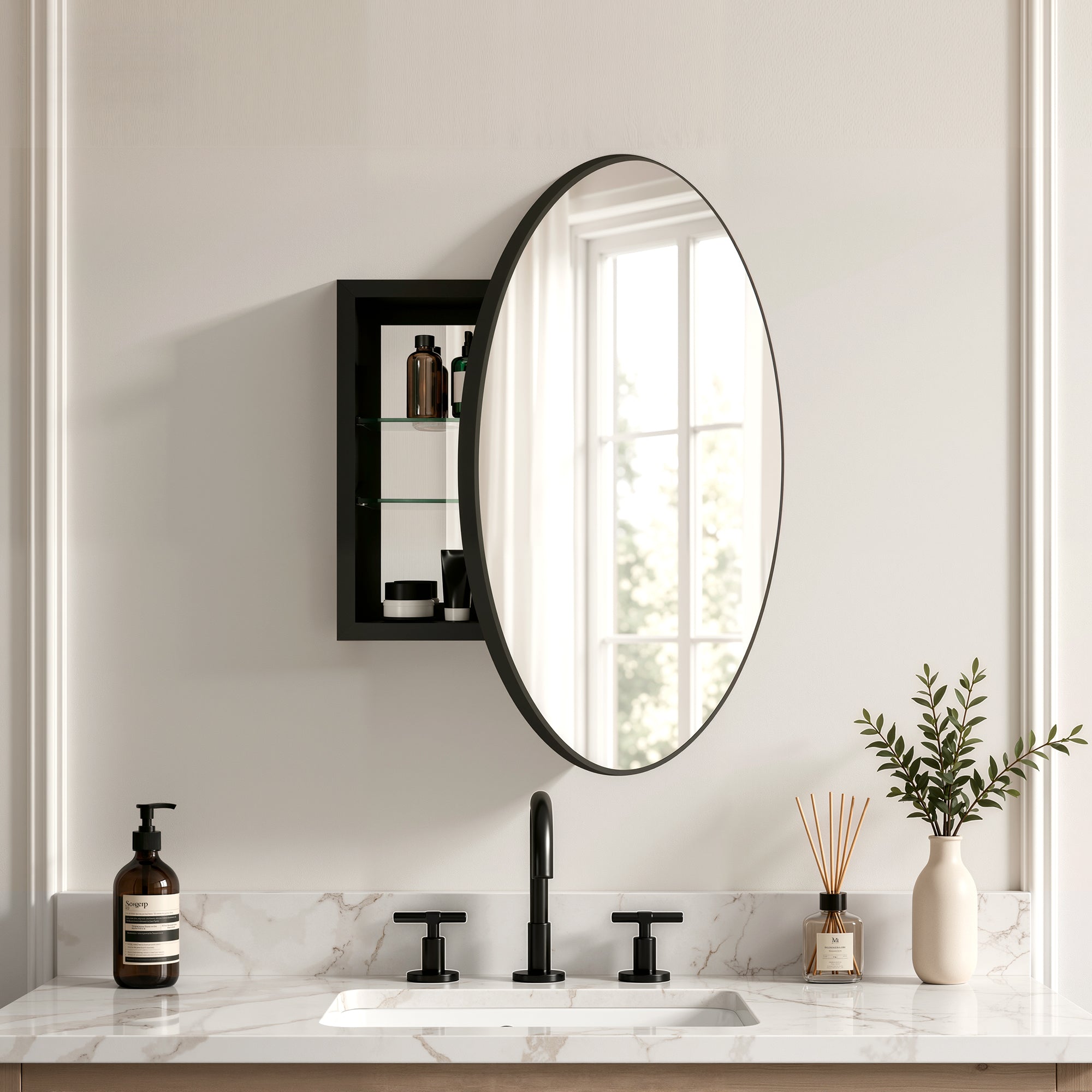 DeerValley DV-1MC0402 24" Round Door Aluminum Bathroom Medicine Cabinet, Wall Mounted Mirror Cabinet with Interior Mirror, Adjustable Glass Shelves, Rust-Resistant & Soft-Closing Hinge, Modern Space-Saving Design
