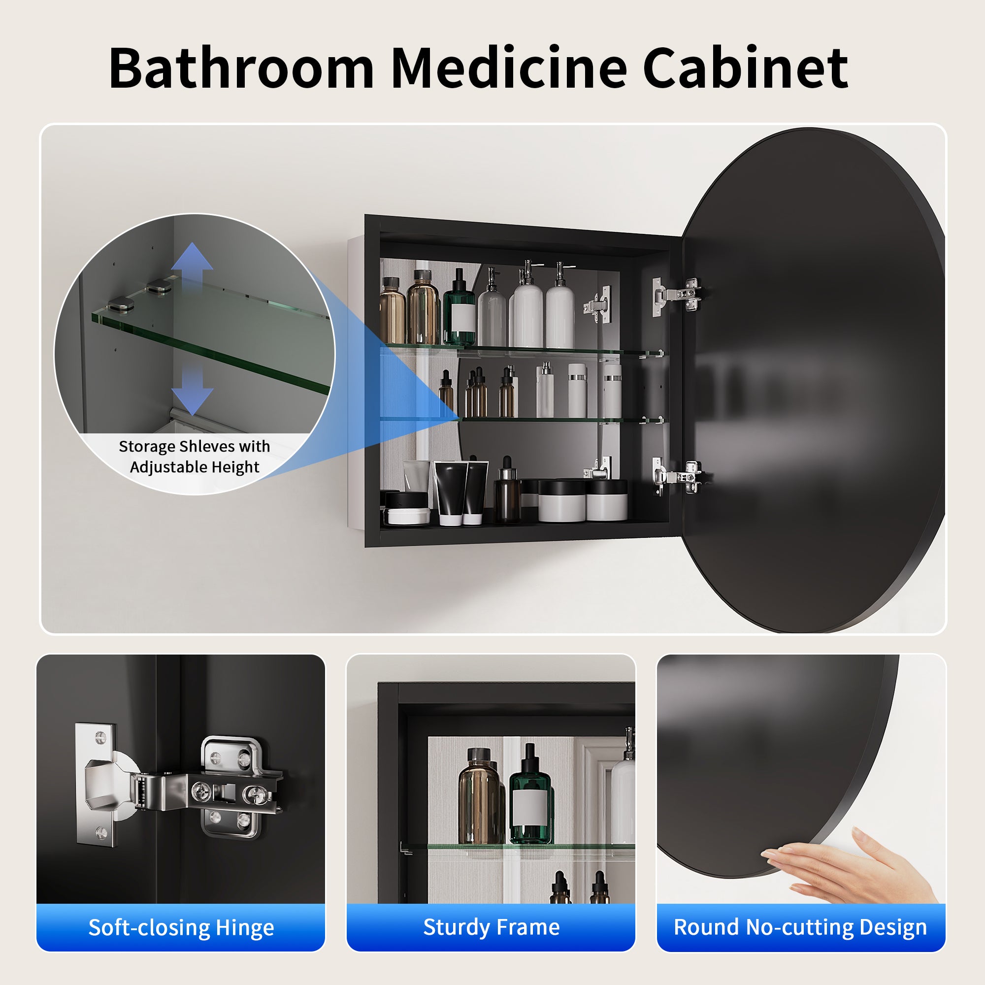 DeerValley DV-1MC0402 24" Round Door Aluminum Bathroom Medicine Cabinet, Wall Mounted Mirror Cabinet with Interior Mirror, Adjustable Glass Shelves, Rust-Resistant & Soft-Closing Hinge, Modern Space-Saving Design