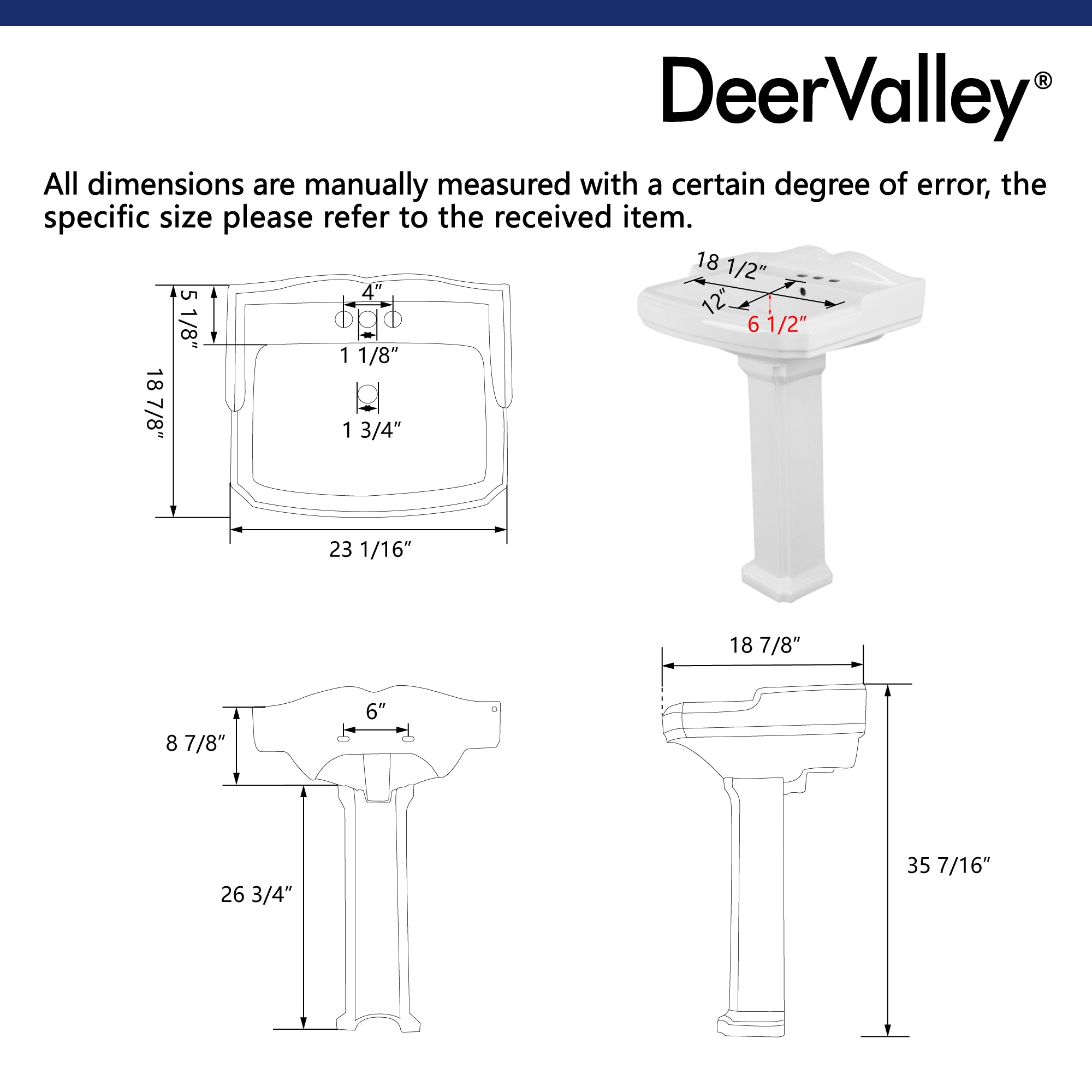 DYNASTY 23" X 19" Rectangular Pedestal Bathroom Sink, Overflow Hole With Multiple Colors and Types