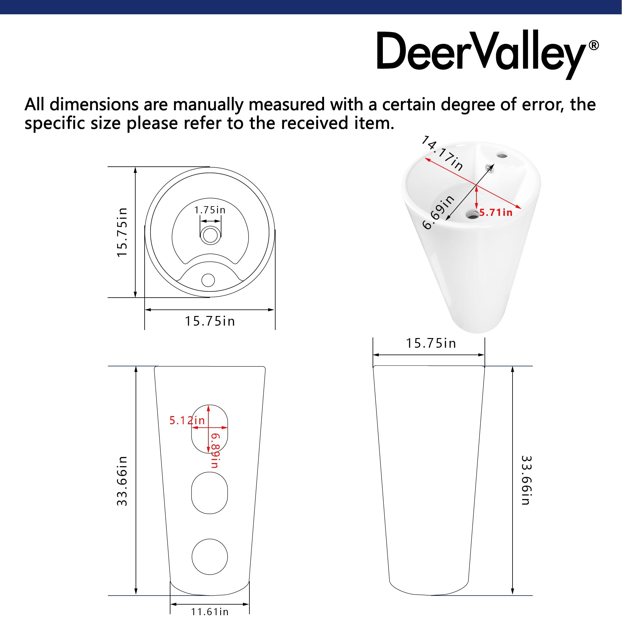 15.75" Round Pedestal Bathroom Sink, Overflow Hole