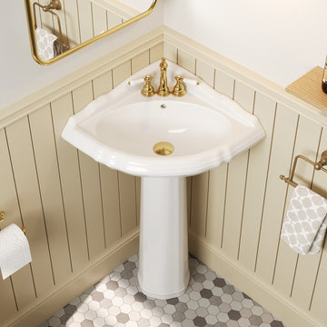 DYNASTY 26.77"L Triangle Pedestal Bathroom Sink, Overflow Hole