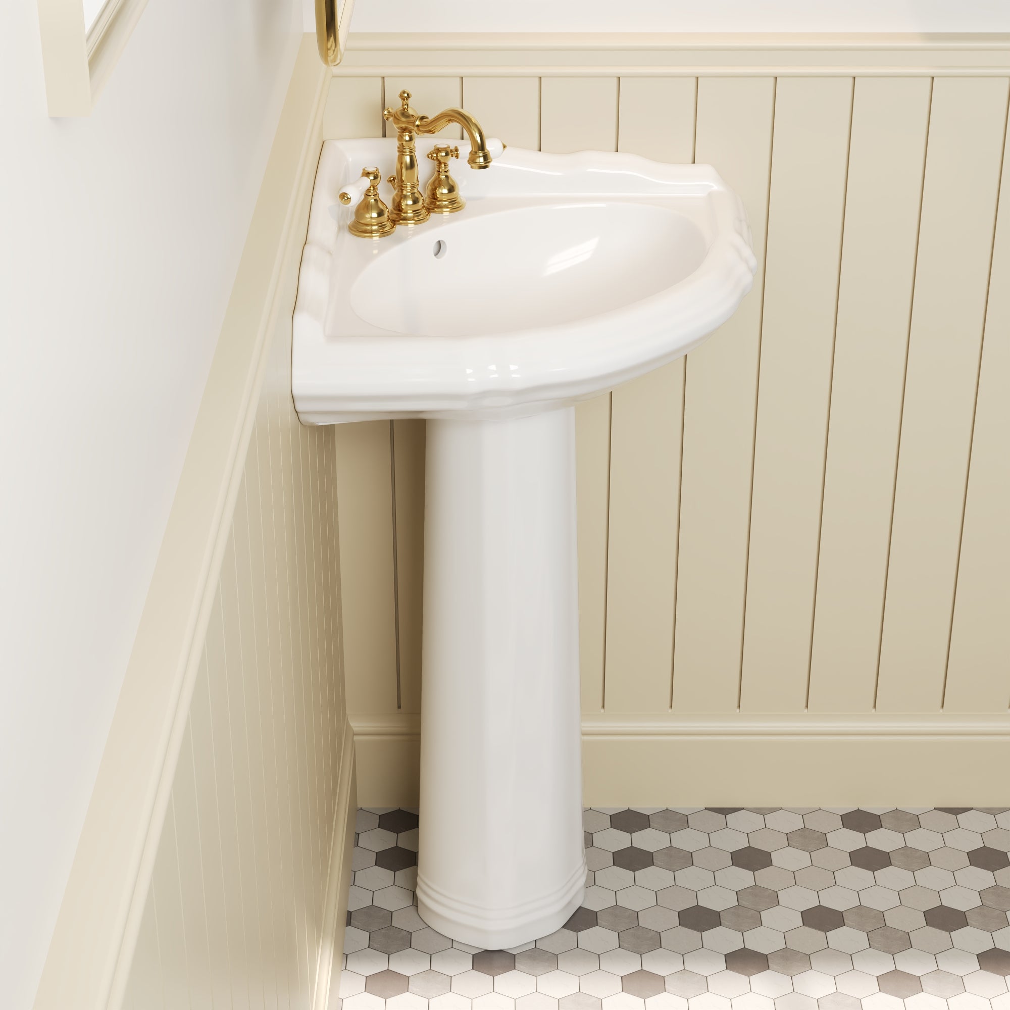 DYNASTY 26.77"L Triangle Pedestal Bathroom Sink, Overflow Hole