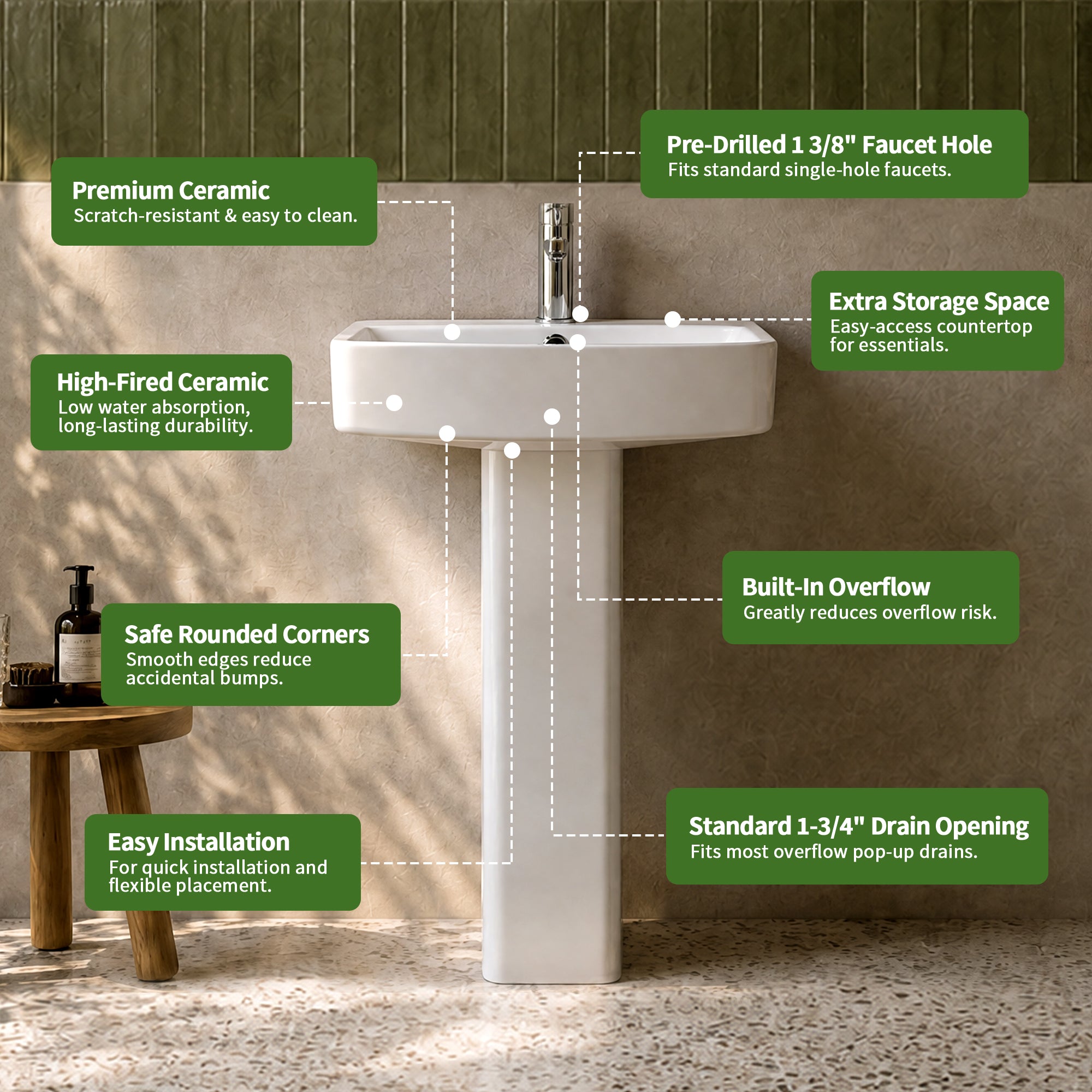 DeerValley DV-1P533 Pedestal Sink – Space-Saving with Overflow & Durable Ceramic