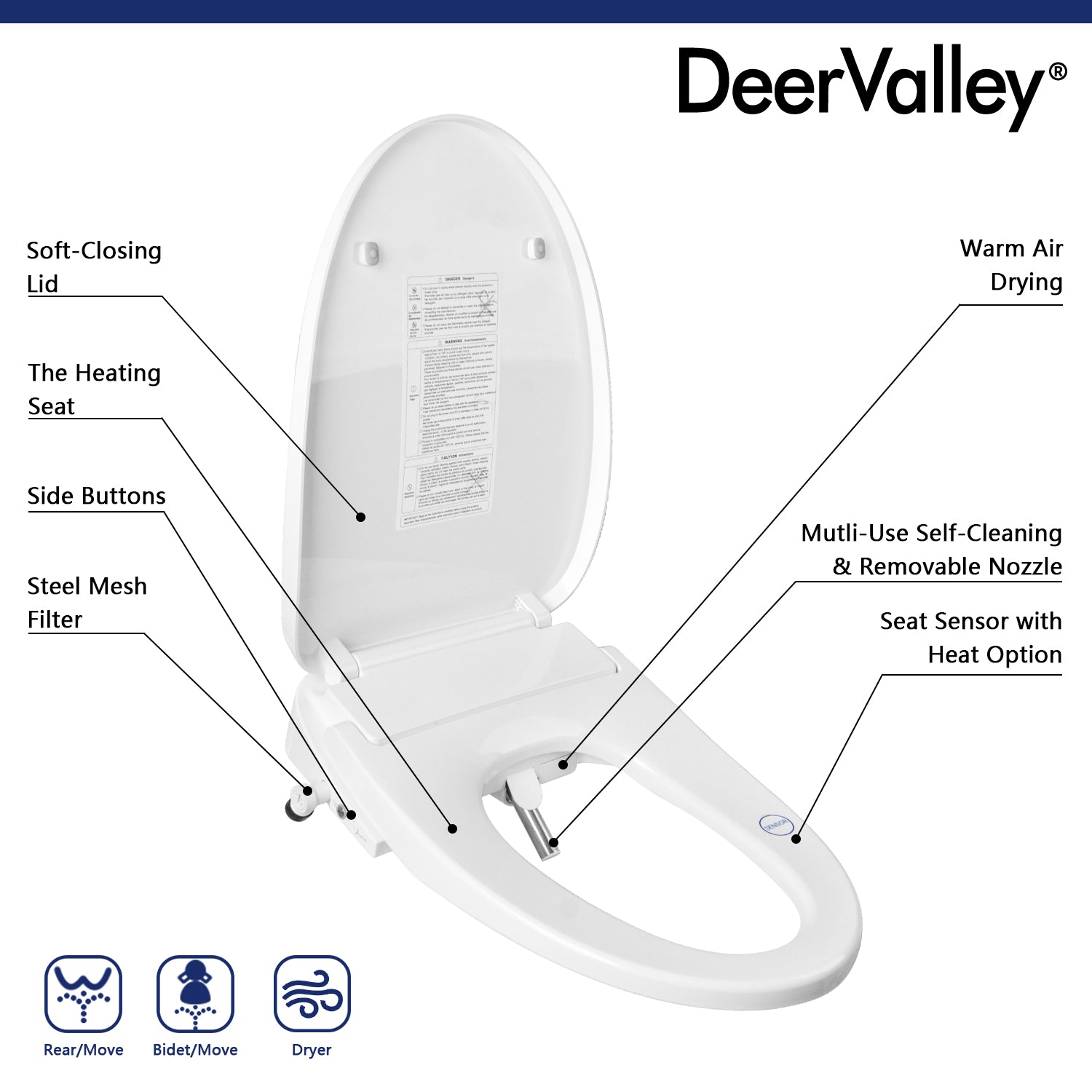 DeerValley DV-1S0018 Elongated Bidet Toilet Seat with Wireless Remote