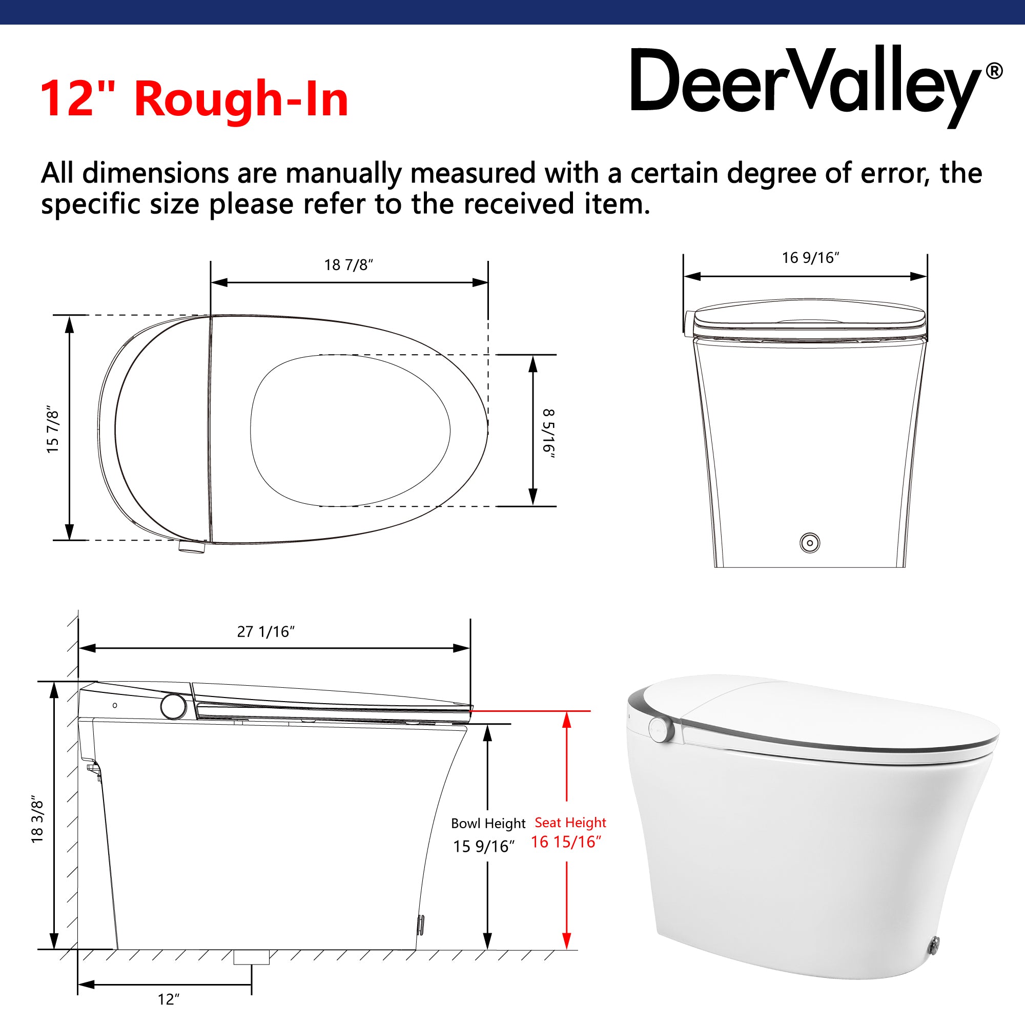 DeerValley DV-1S0019/V1/V3 Tankless Elongated Smart Toilet Quiet-Closed Heated Seat Sensor Auto, Foot Kick & Blackout Flush, Night Light