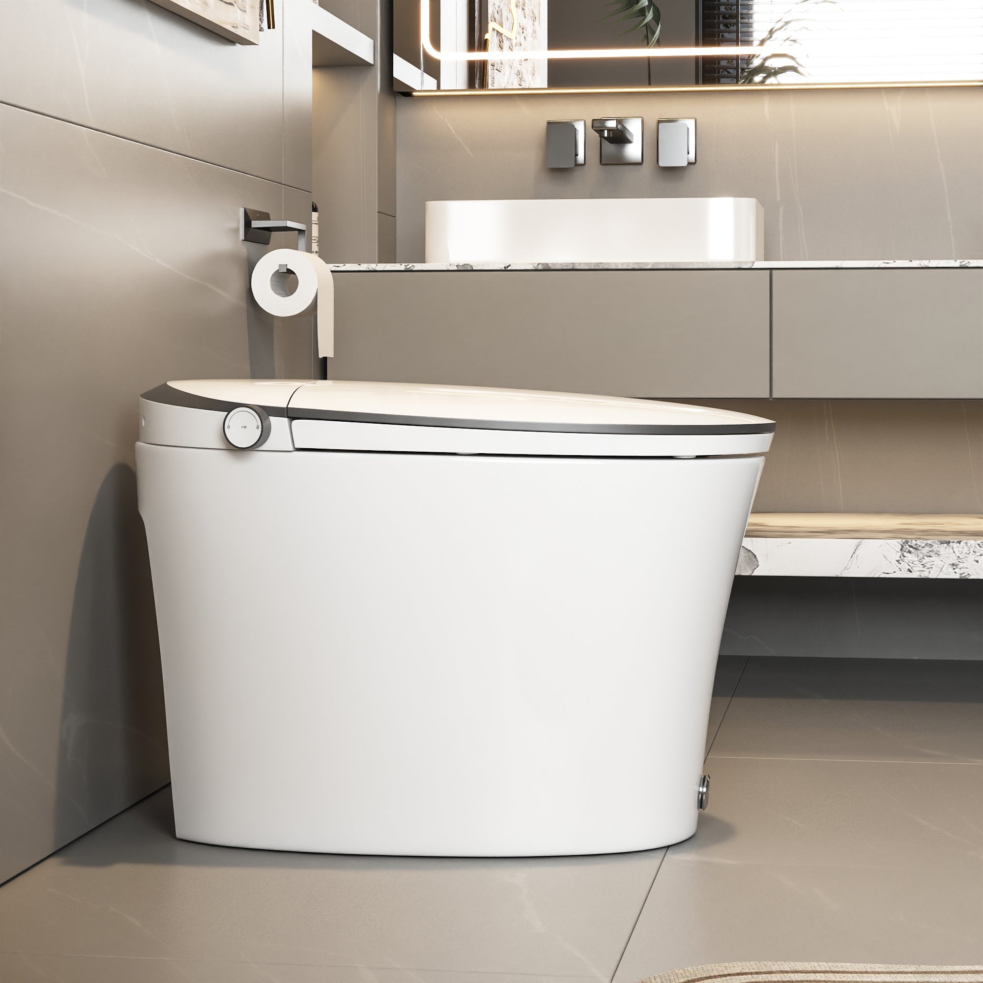 DeerValley DV-1S0019/V1/V3 Tankless Elongated Smart Toilet Quiet-Closed Heated Seat Sensor Auto, Foot Kick & Blackout Flush, Night Light