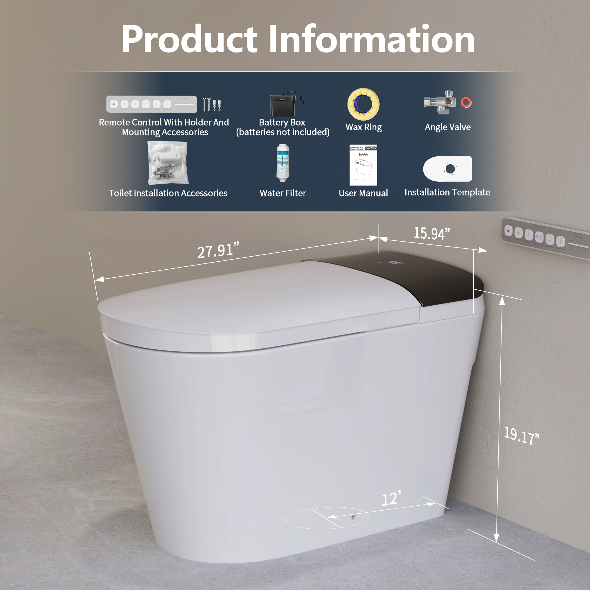 DeerValley DV-1S0442 Advanced Smart Toilet with Tank Built in, Auto Open/Close Lid, Auto Dual Flush, Foot Sensor, Auto Temp, Foam Shield, LED Display, Instant Warm Water, ADA Height Elongated Bidet Toilet