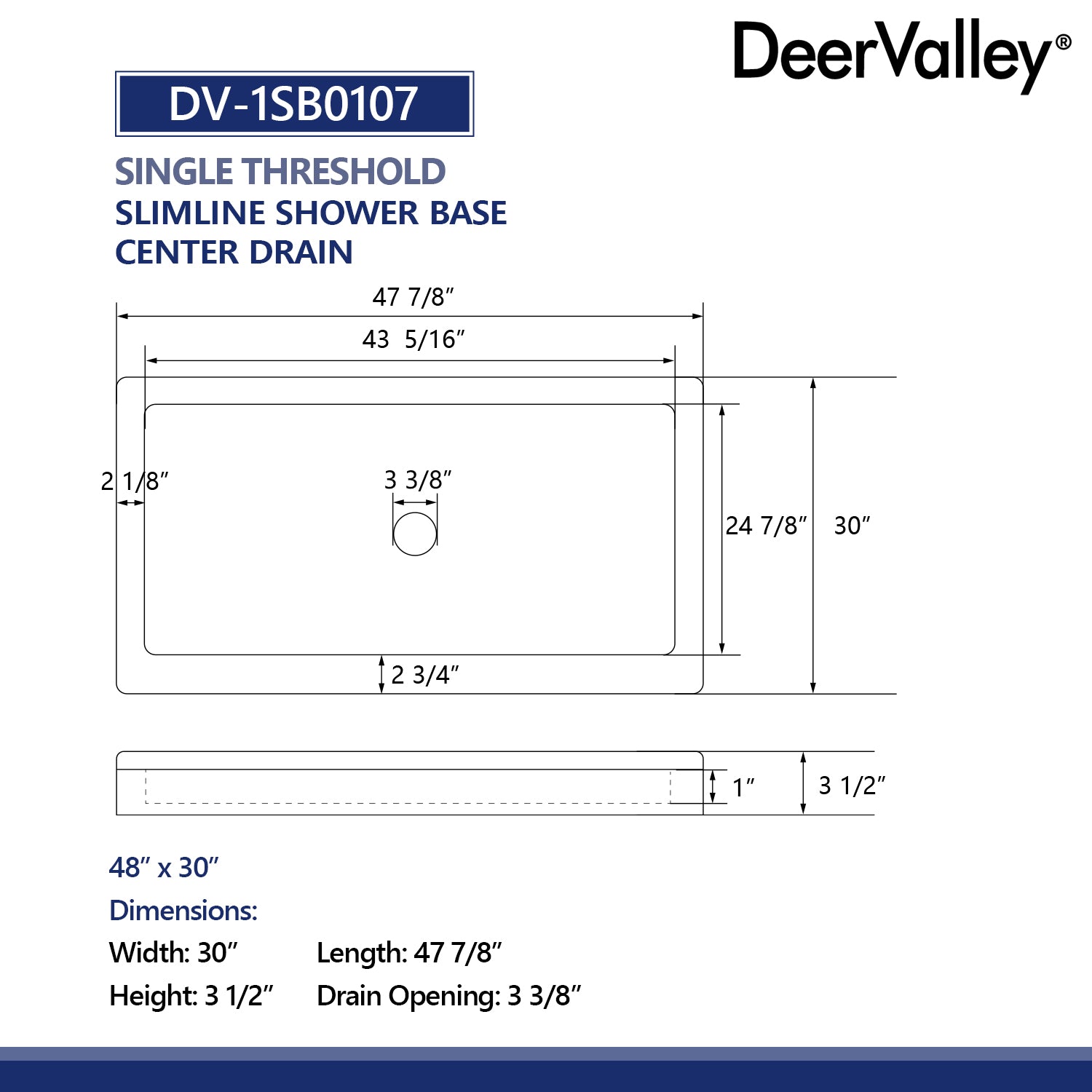 48"L Rectangle Shower Base, Non-slip Design With Multiple Sizes