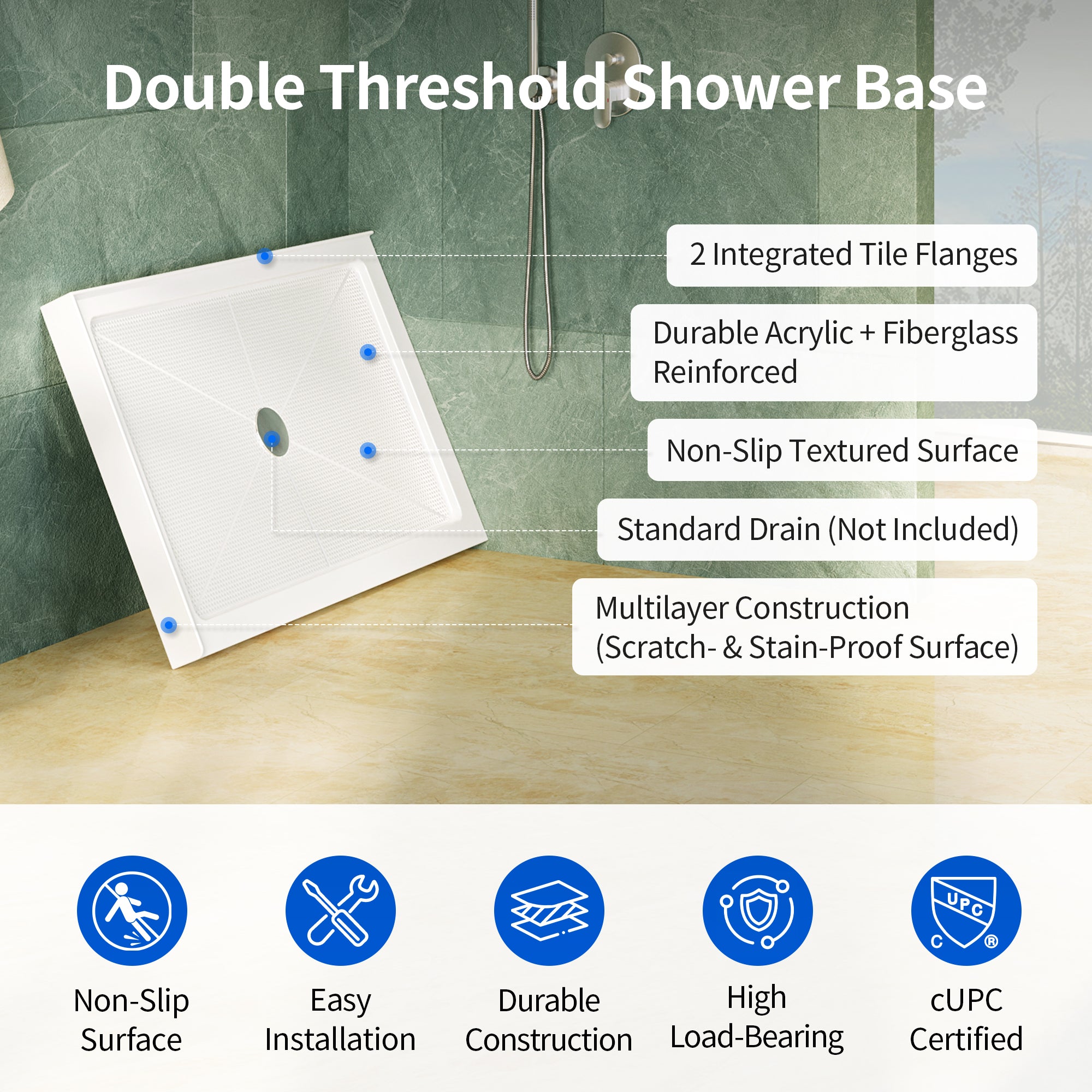 DeerValley DV-1SB0480 48 in. L x 30 in. W x 3.5 in. H Alcove Shower Pan Base with Center Drain in White