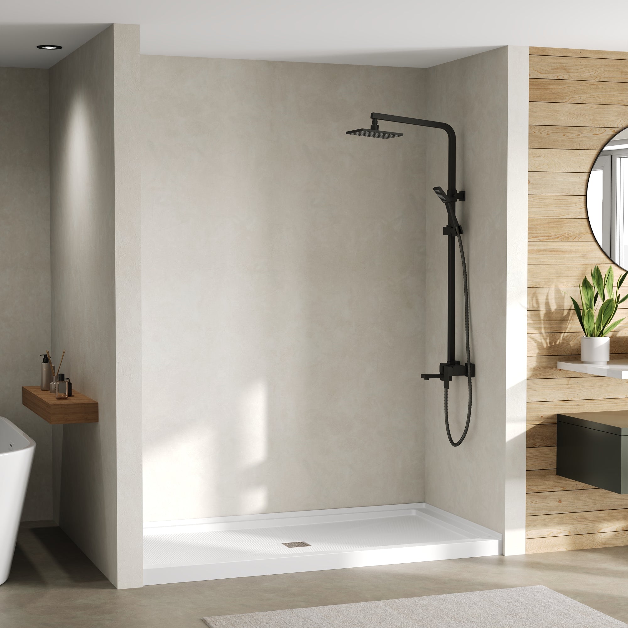 DeerValley DV-1SB0488 72"L x 36"W Shower Base in White, SMC Rectangle Single-Threshold Shower Pan, Center Drain, Non-Slip Shower Tray, Drain Cover Included