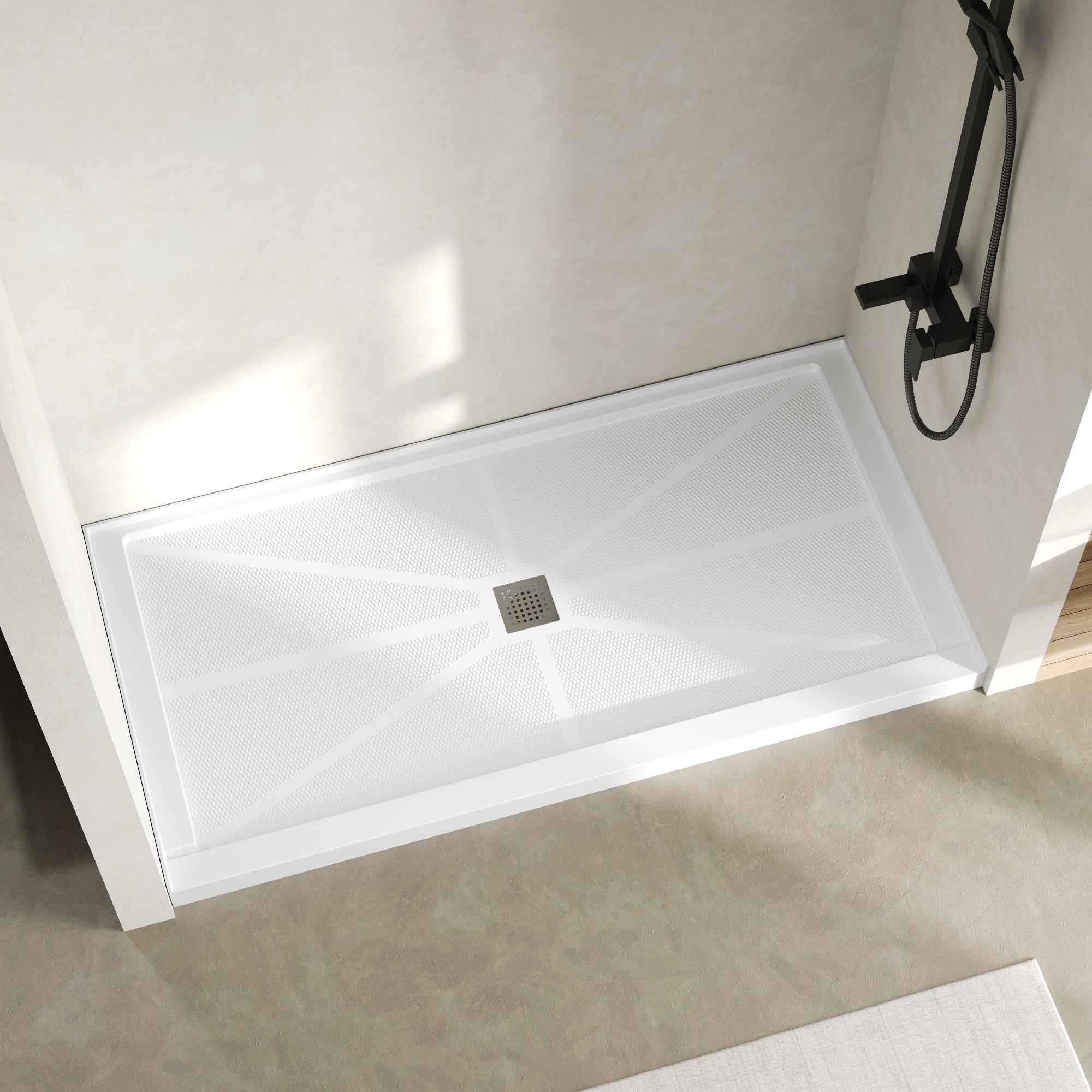 DeerValley DV-1SB0488 72"L x 36"W Shower Base in White, SMC Rectangle Single-Threshold Shower Pan, Center Drain, Non-Slip Shower Tray, Drain Cover Included