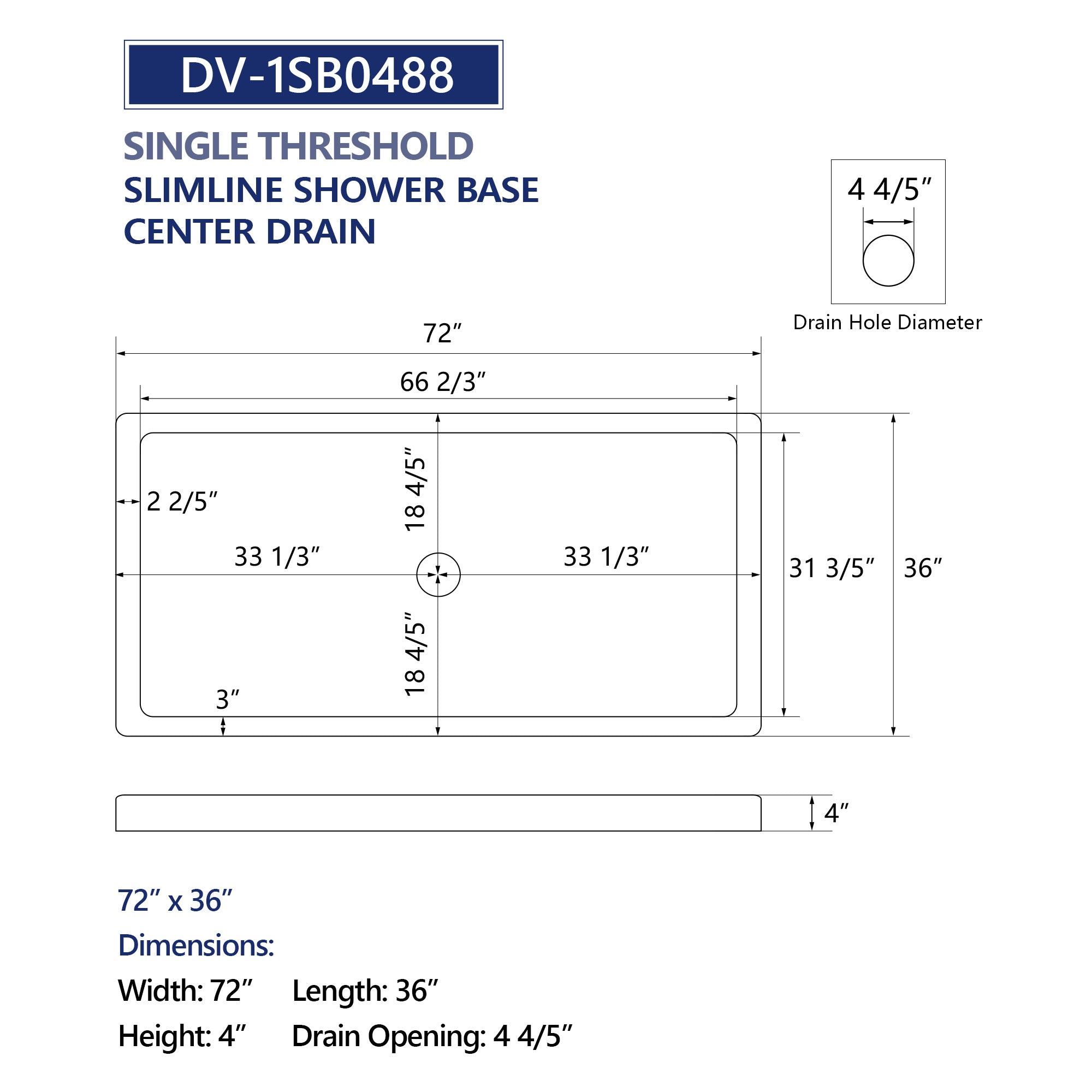 DeerValley DV-1SB0488 72"L x 36"W Shower Base in White, SMC Rectangle Single-Threshold Shower Pan, Center Drain, Non-Slip Shower Tray, Drain Cover Included