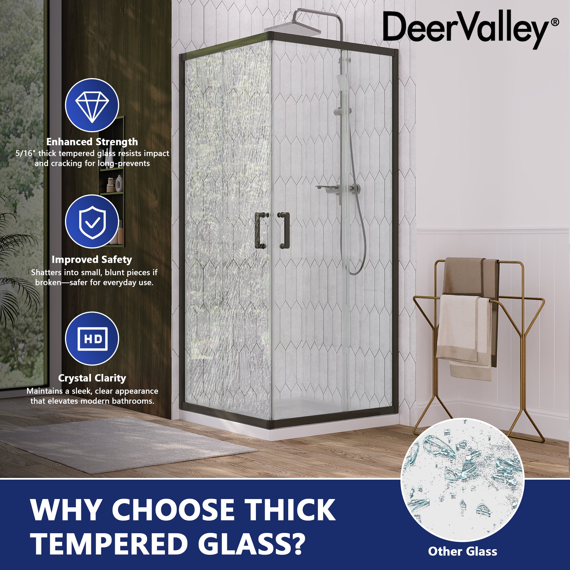 DeerValley DV-1SD0213B06 Corner Shower Enclosure, 34 in. D x 34 in. W x 72 in. H Double Sliding Corner Shower Door with 1/4 in. Tempered Glass, Sliding Shower Enclosure, Matte Black.