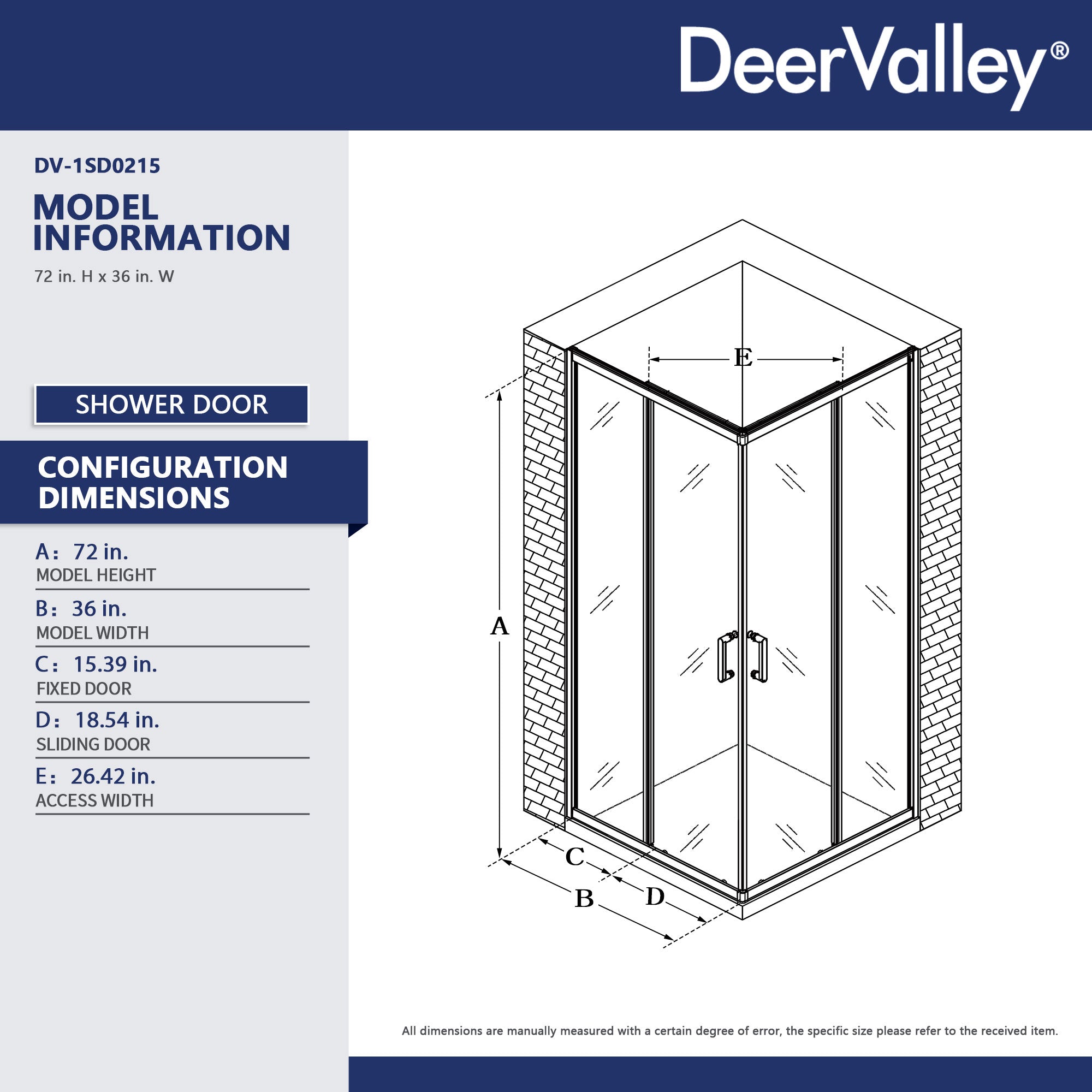 DeerValley DV-1SD0215 Sliding Shower Door, Tempered Glass & Quick-Release Rollers