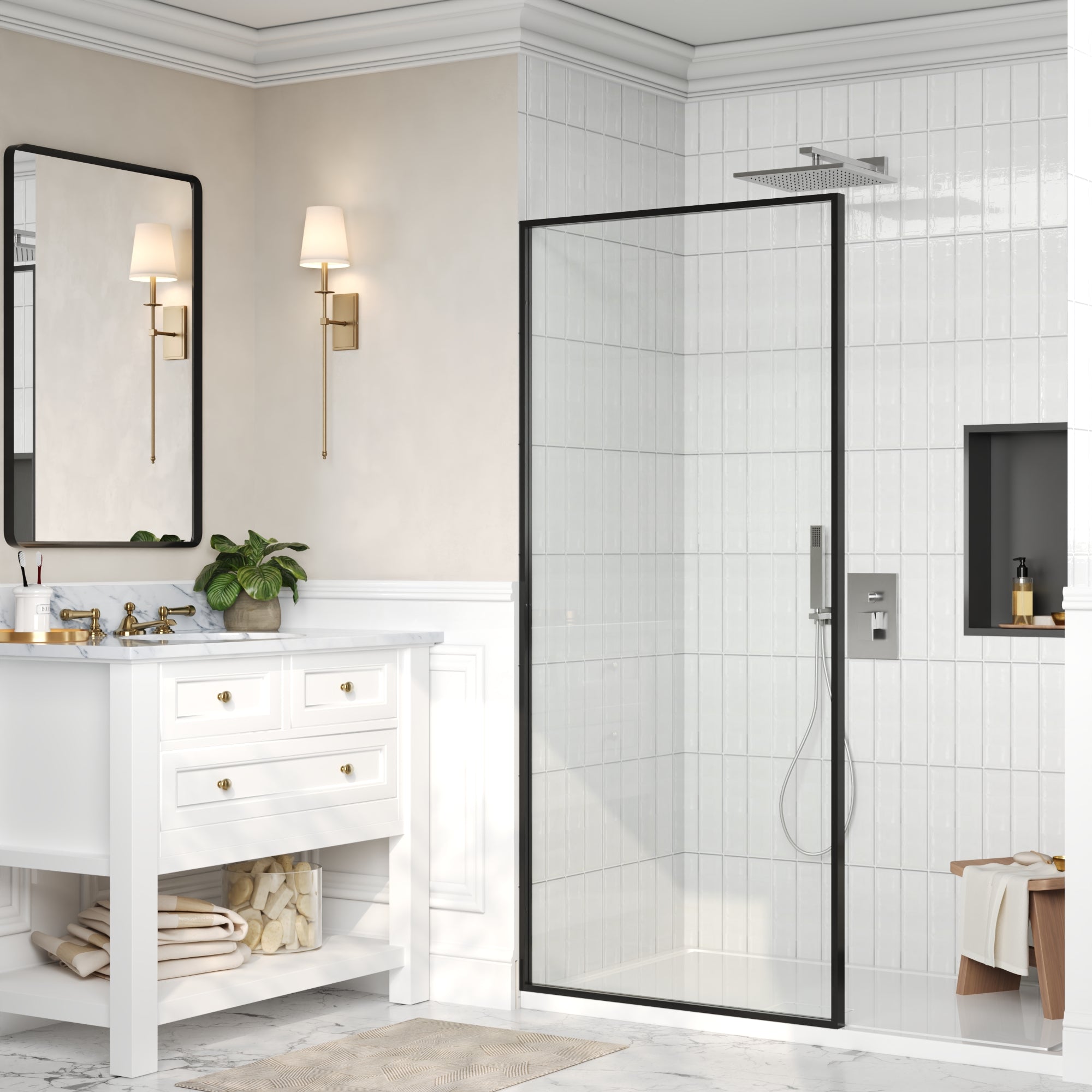 DeerValley DV-1SD0409B08 34" W x 74" H Fixed Glass Shower Screen, Bathroom Shower Glass Door with 5/16" Clear SGCC Tempered Glass Panel, Reversible Installation,Matte Black