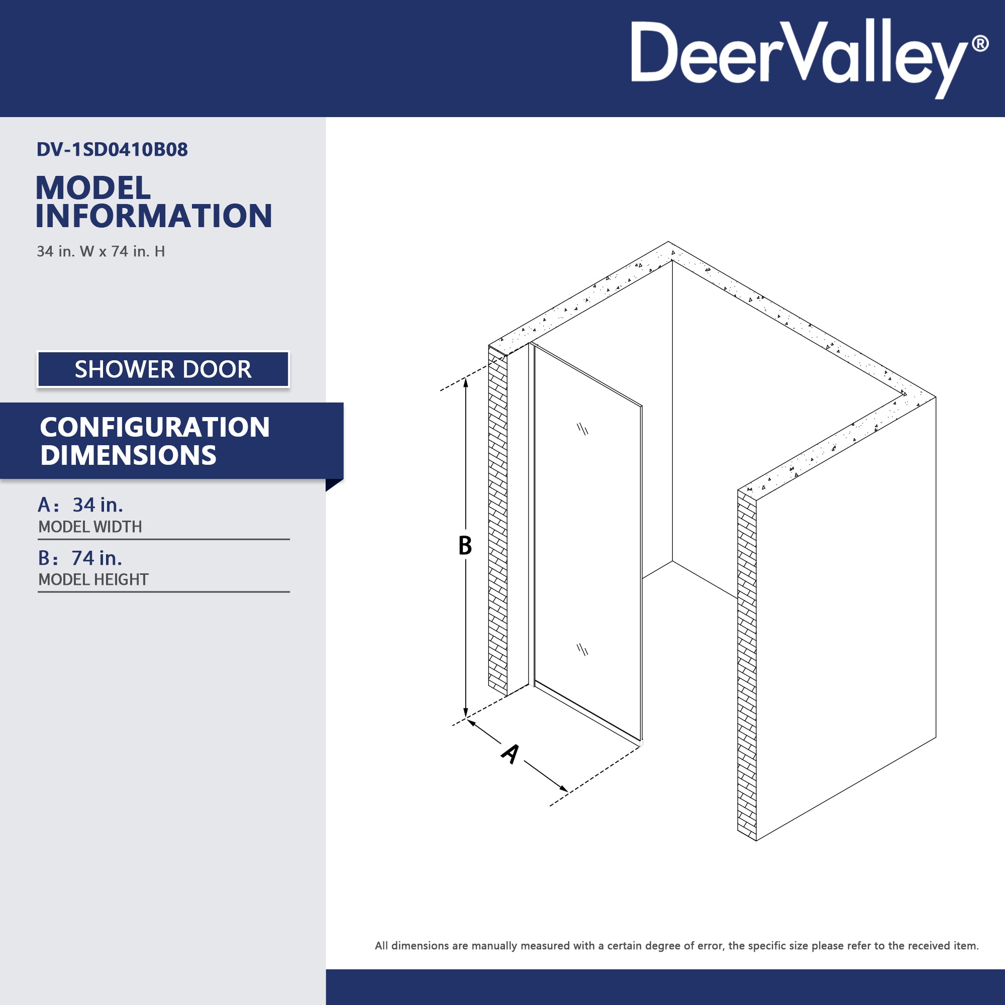 DeerValley DV-1SD0410B08 Fixed Shower Screen, 34" W × 74" H Semi-Framed Design, Matte Black 304 Stainless Steel Frame with 8mm (5/16") Premium Tempered Safety Glass, Modern Minimalist Style for Space-Saving Bathrooms