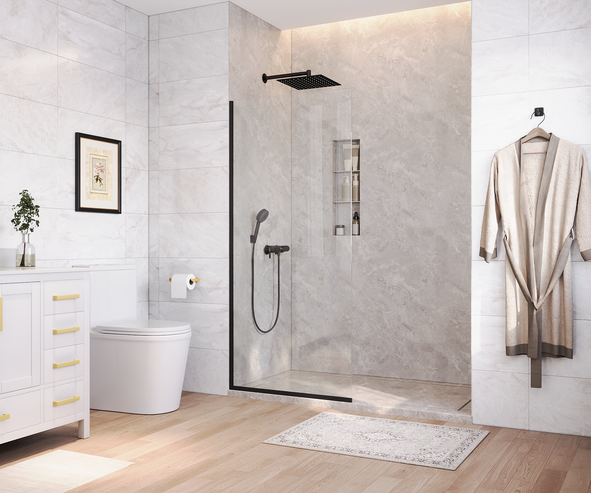 DeerValley DV-1SD0410B08 Fixed Shower Screen, 34" W × 74" H Semi-Framed Design, Matte Black 304 Stainless Steel Frame with 8mm (5/16") Premium Tempered Safety Glass, Modern Minimalist Style for Space-Saving Bathrooms